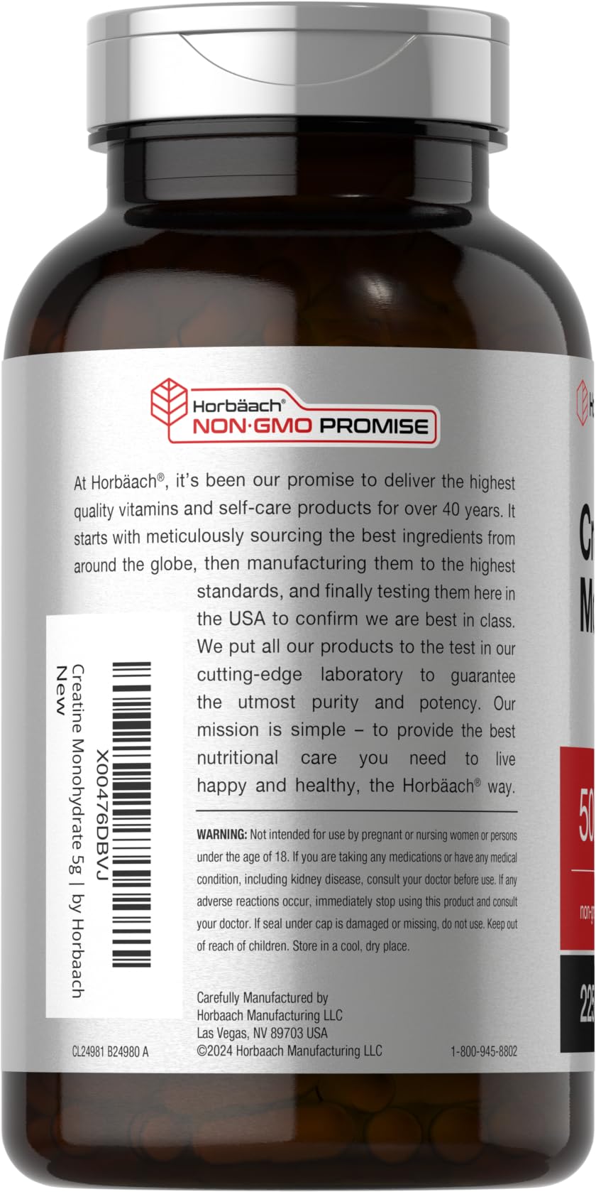 Horbaach Creatine Monohydrate label close-up emphasizes purity and potency