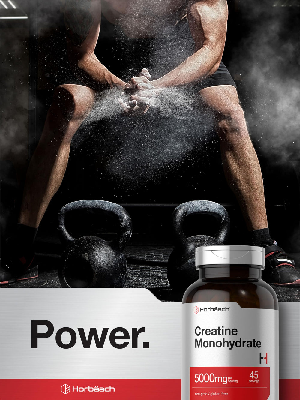 Horbaach Creatine Monohydrate packaging icons emphasize gluten-free and non-GMO