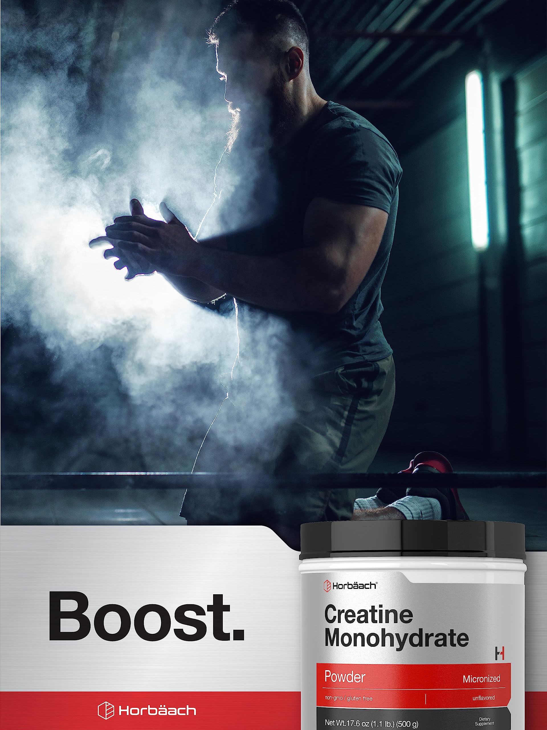 Horbäach Creatine Monohydrate powder being poured into a glass with liquid.