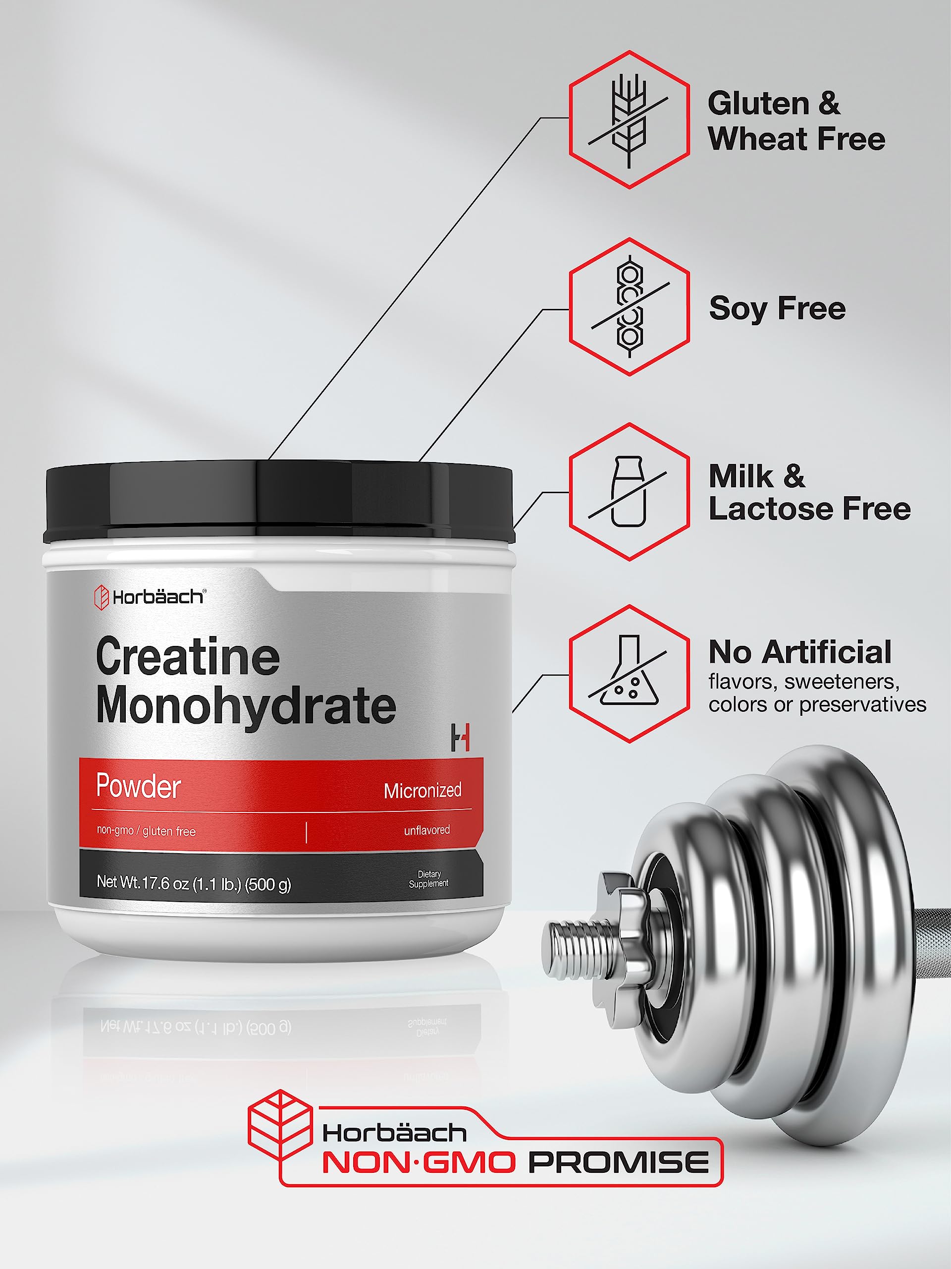 Horbäach Creatine Monohydrate powder label detail highlights 5,000 mg per serving.