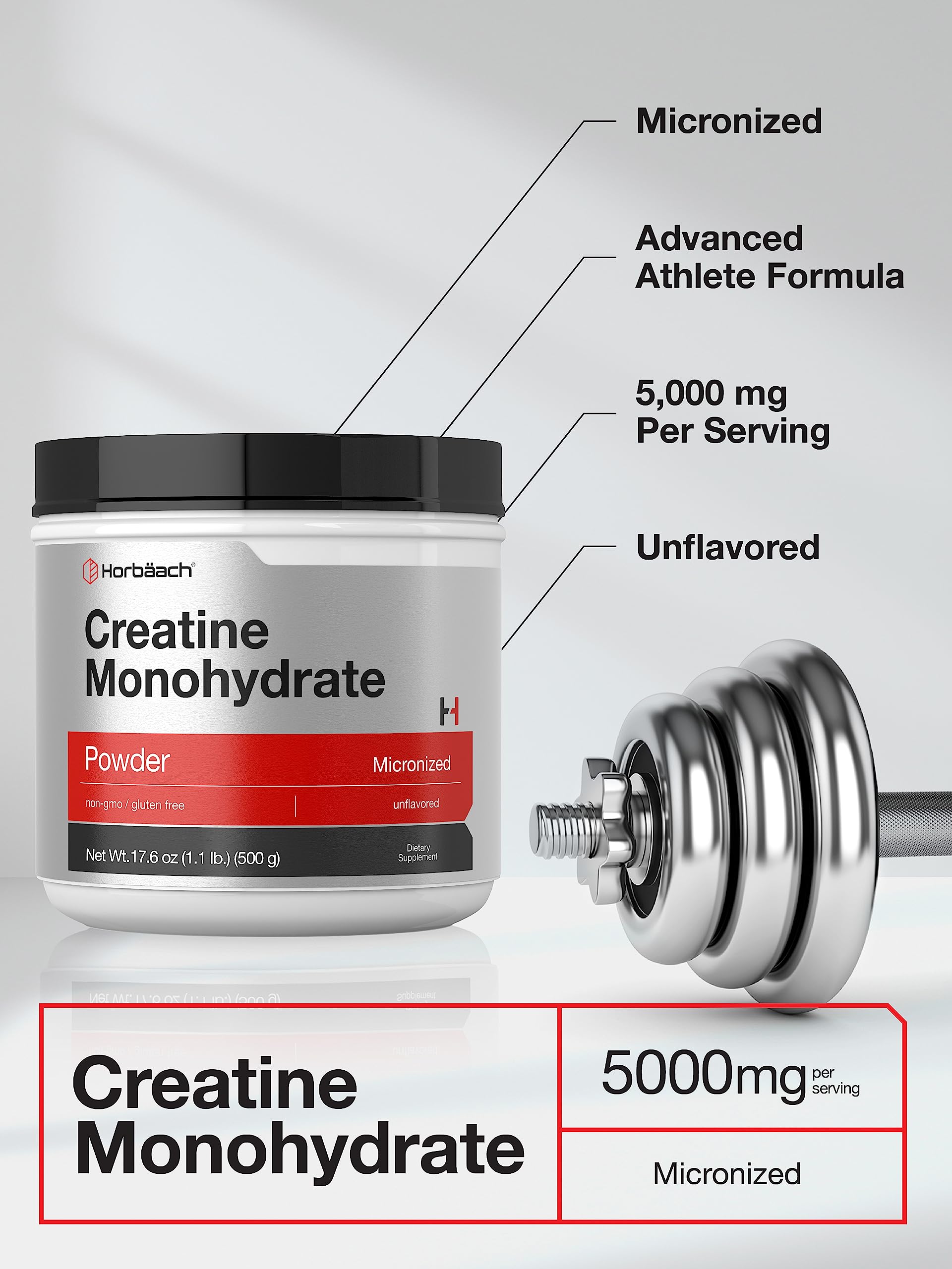 Horbäach Creatine Monohydrate powder in shaker reveals easy mixing and neutral flavor.