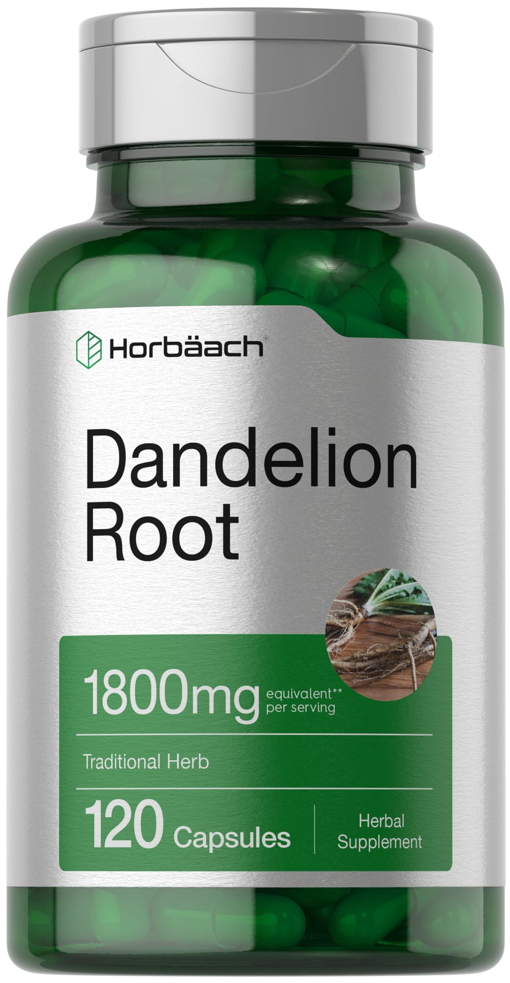 Horbäach Dandelion Root bottle front shows gluten-free, non-GMO formula.