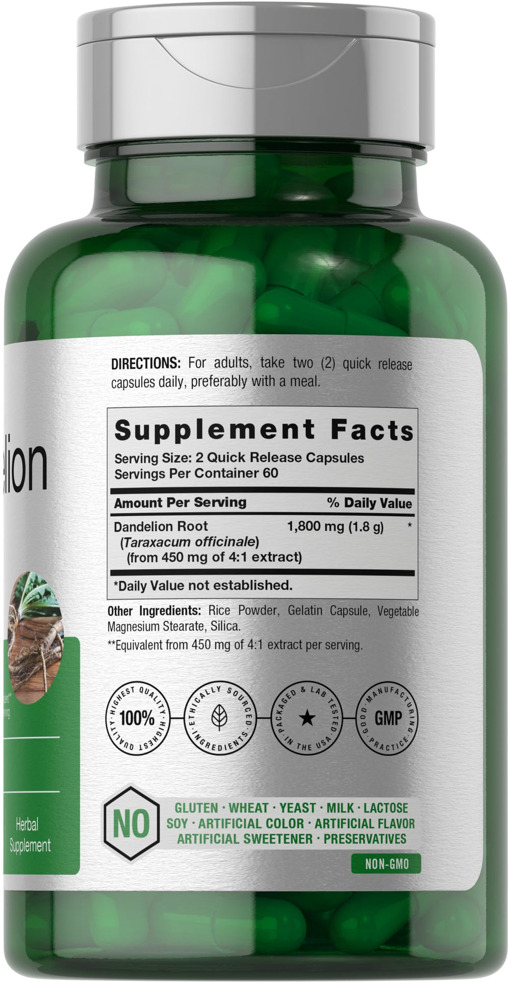 Close-up of Horbaach Dandelion Root capsules highlights quick-release design.