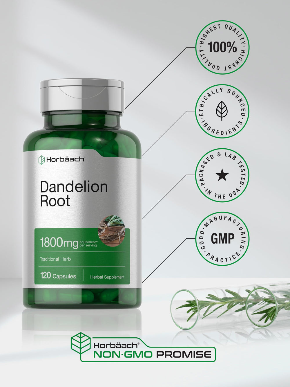 Gluten-free and non-GMO icons accompany Horbaach Dandelion Root packaging.