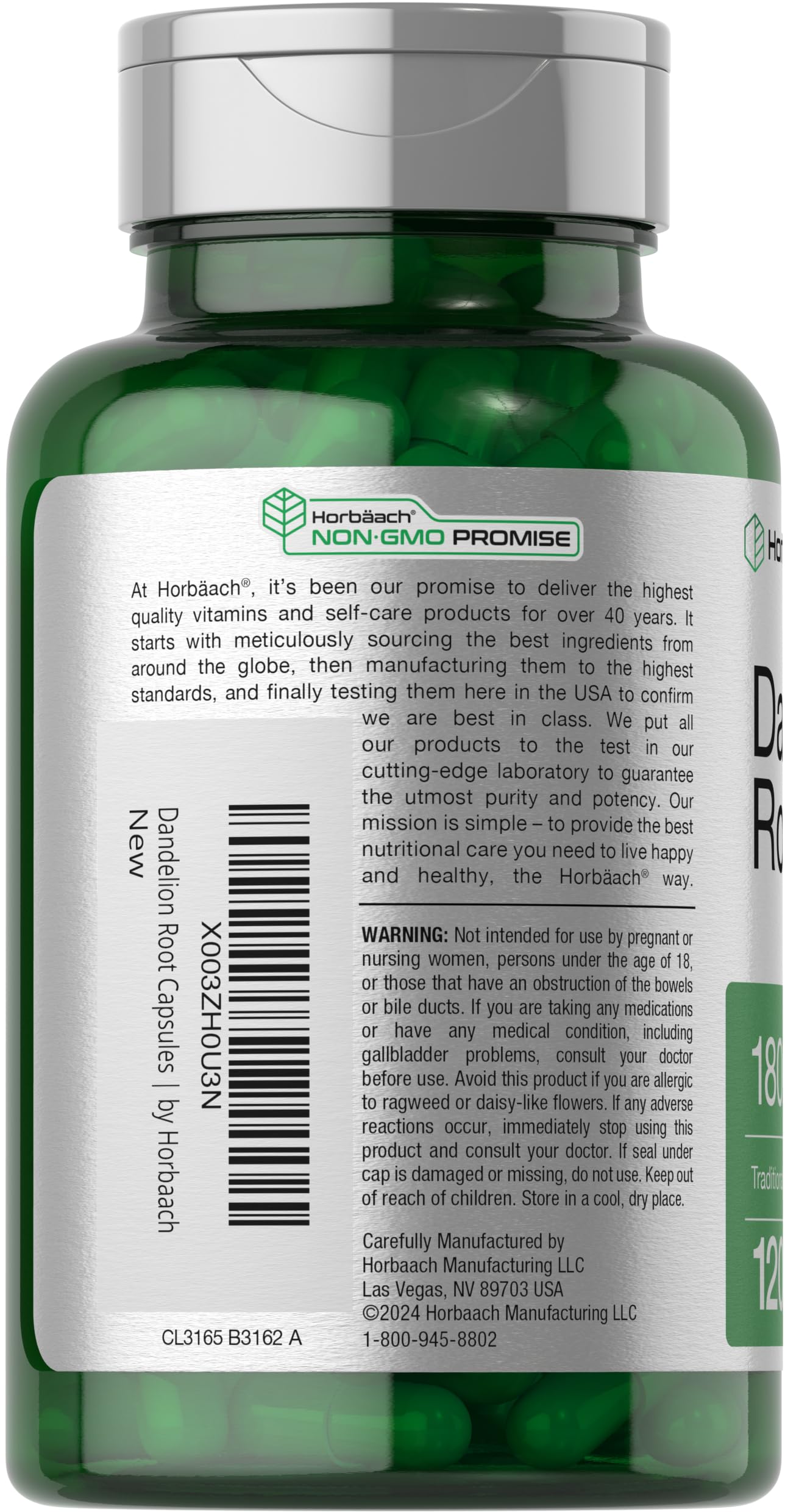 Horbaach Dandelion Root label detail emphasizes per-serving potency.