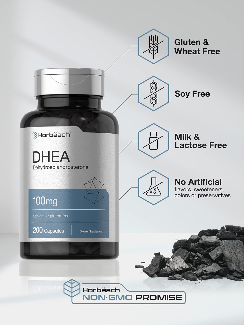 Horbäach DHEA ingredients shown in a clear glass bottle backdrop
