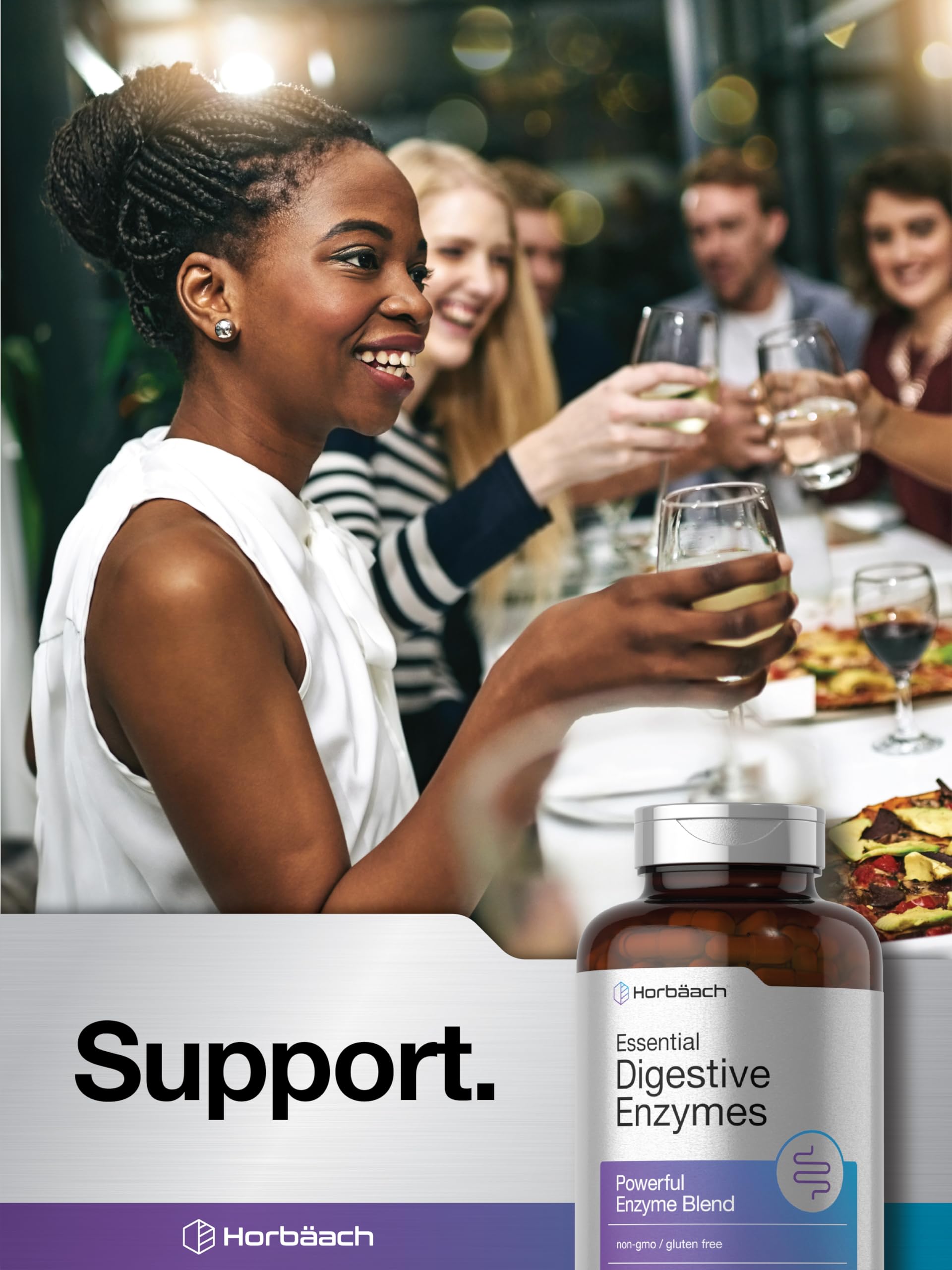 Horbaach Digestive Enzymes ingredients list close-up shows non-GMO and gluten-free features