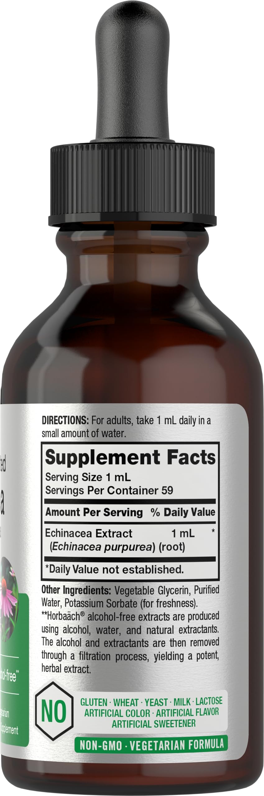 Close-up of Horbaach Echinacea Drops dropper releasing rich herbal extract