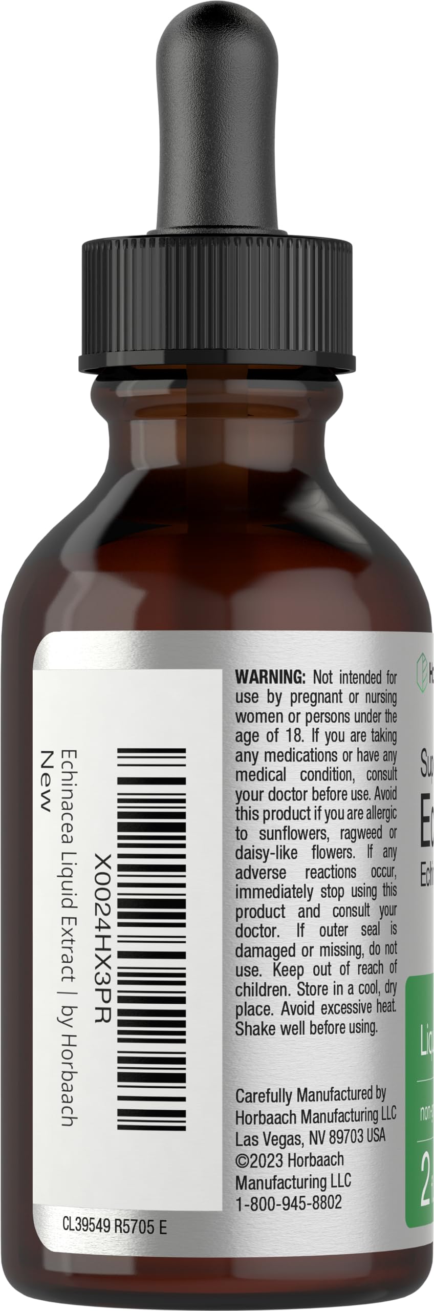 Horbaach Echinacea Drops label highlights gluten-free and non-GMO features