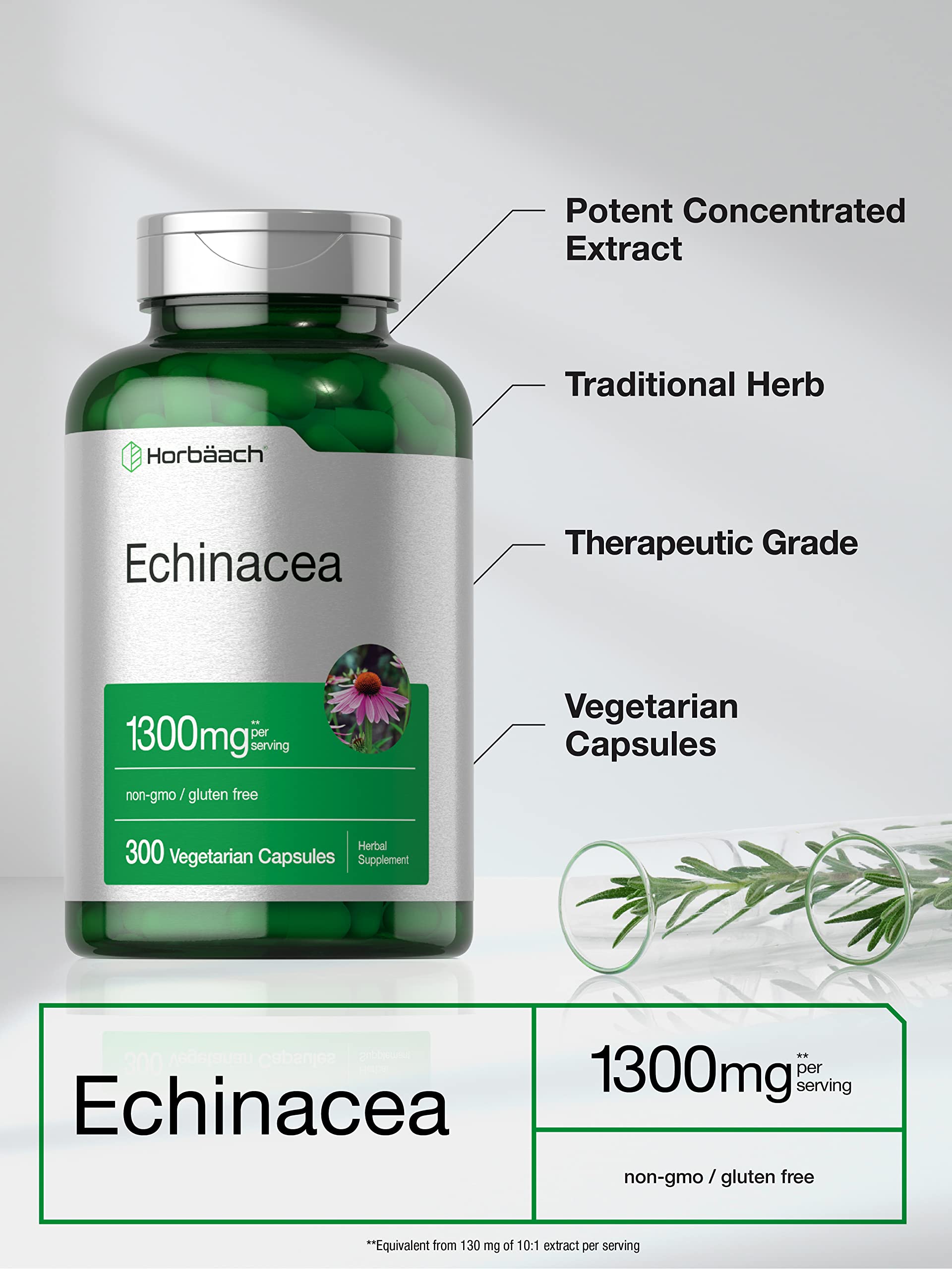 Horbäach echinacea capsules closeup, vegetarian capsules visible.