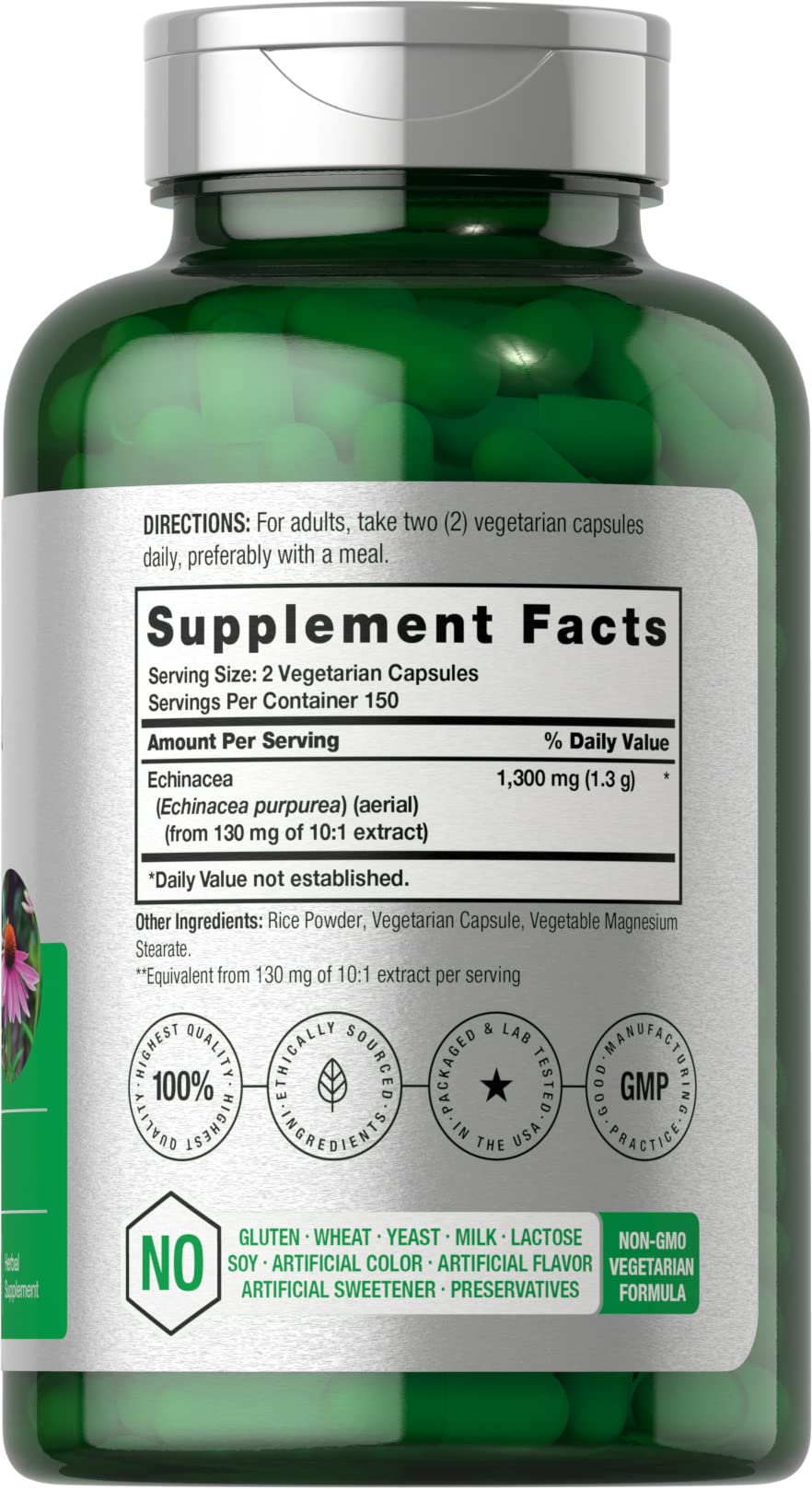 Horbäach echinacea capsules label, non-GMO and premium formula.