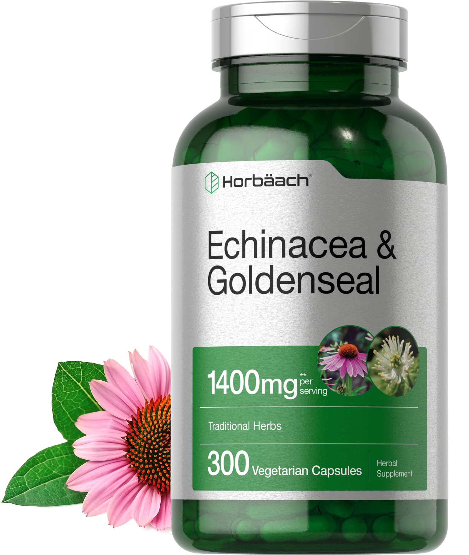 Horbäach Echinacea Goldenseal capsules in bottle showing traditional herbal blend for daily wellness.
