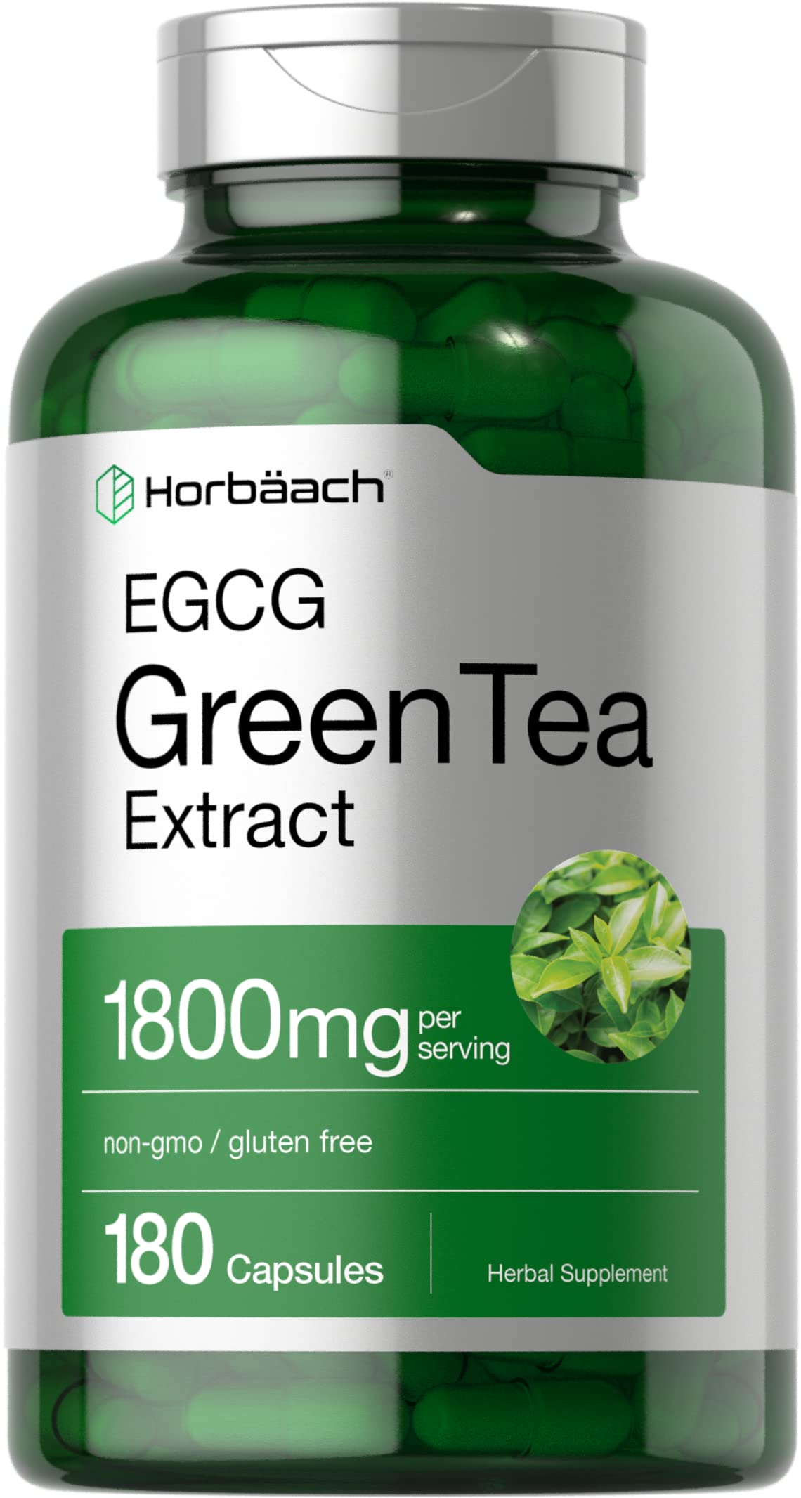 Horbäach EGCG Green Tea Extract pills bottle front view highlighting high potency antioxidants.