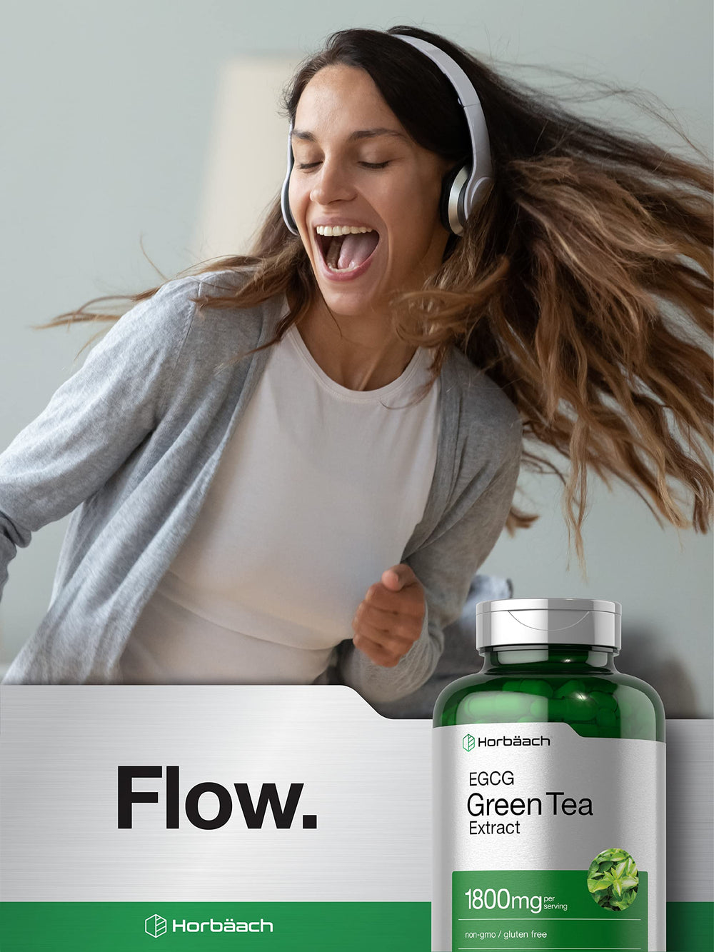 Horbäach EGCG Green Tea Extract ingredients panel showing natural components and allergen-free formula.