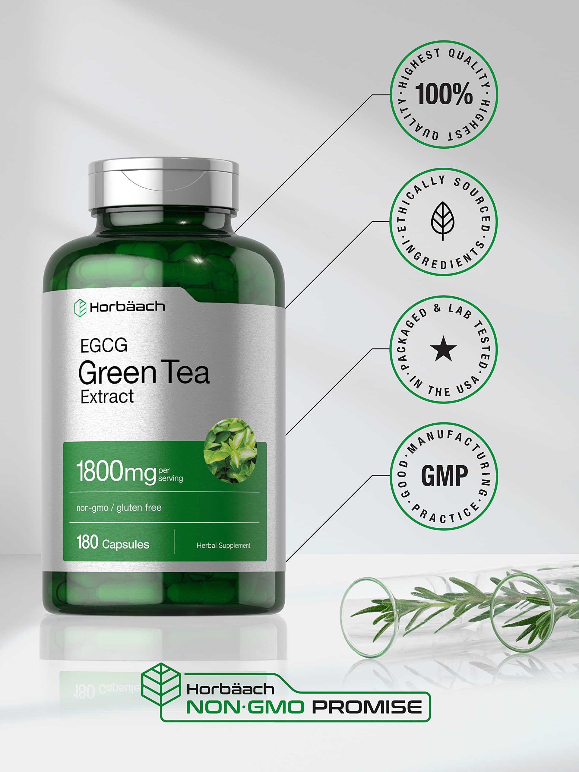 Horbäach EGCG Green Tea Extract packaging box highlighting easy storage and premium quality.