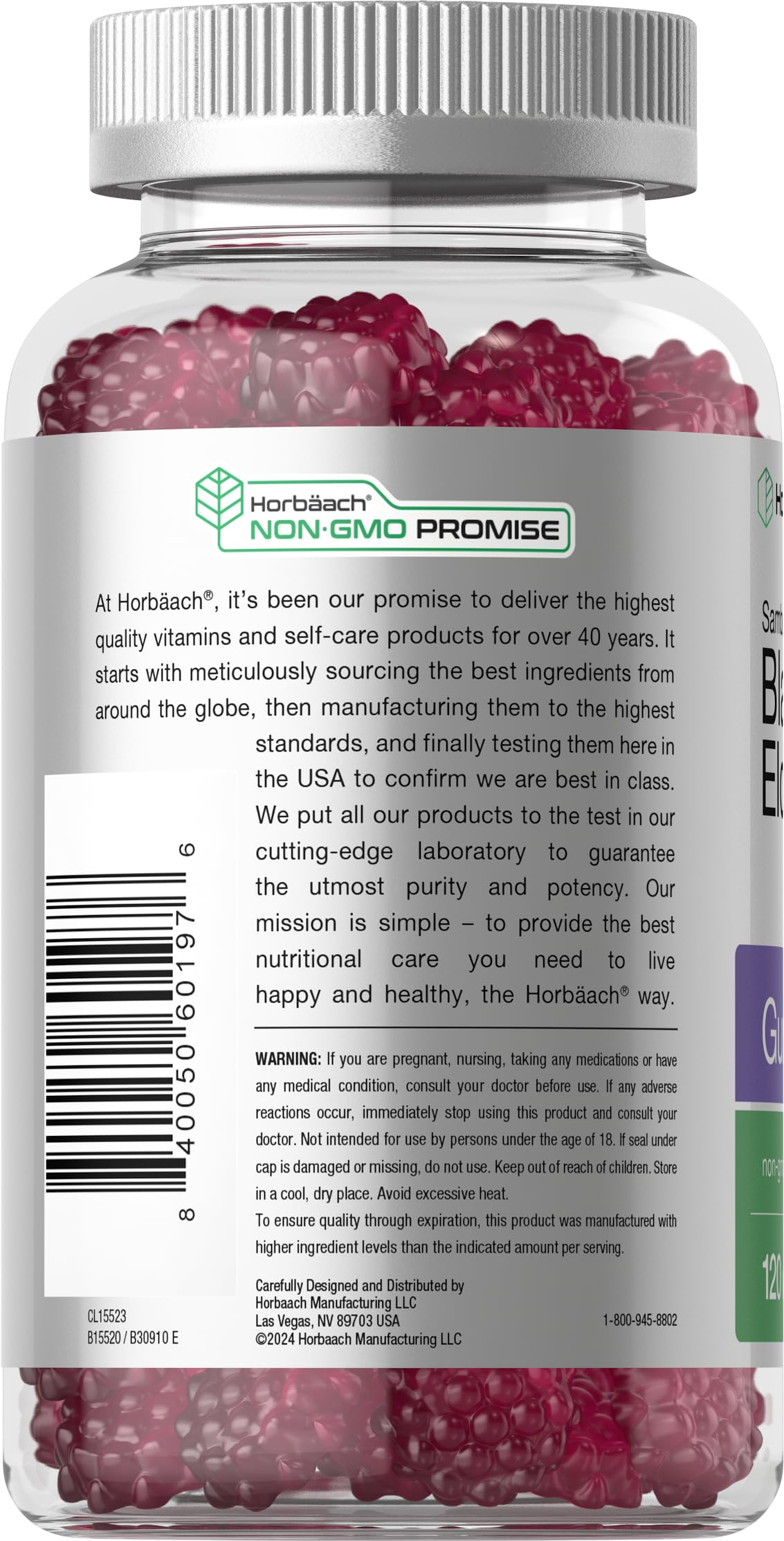 Horbaach Elderberry Gummies label shows vegan and gluten-free attributes