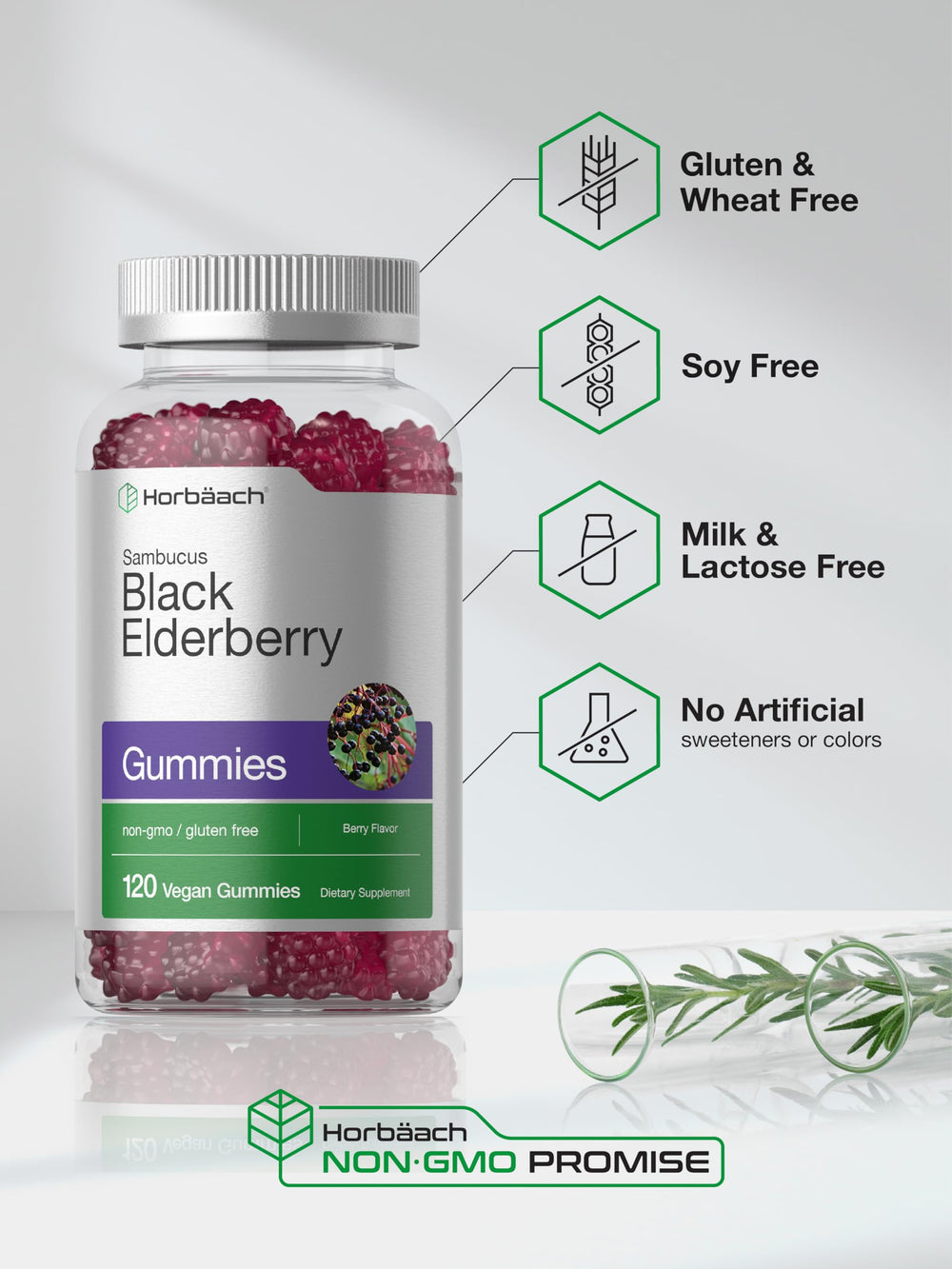 Horbaach Elderberry Gummies vegan symbol on packaging