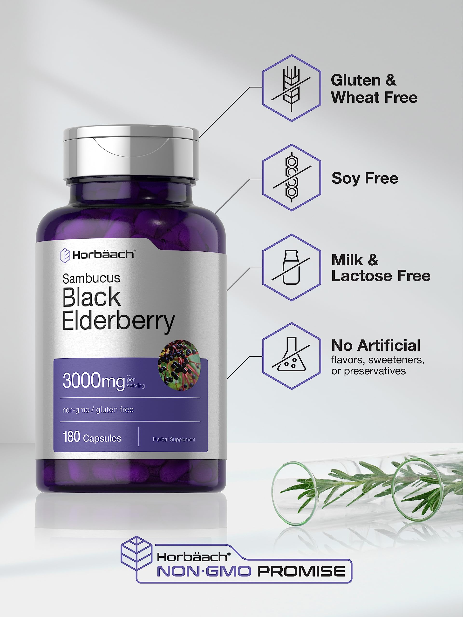 Horbäach elderberry packaging highlighting gluten-free and non-GMO formula.