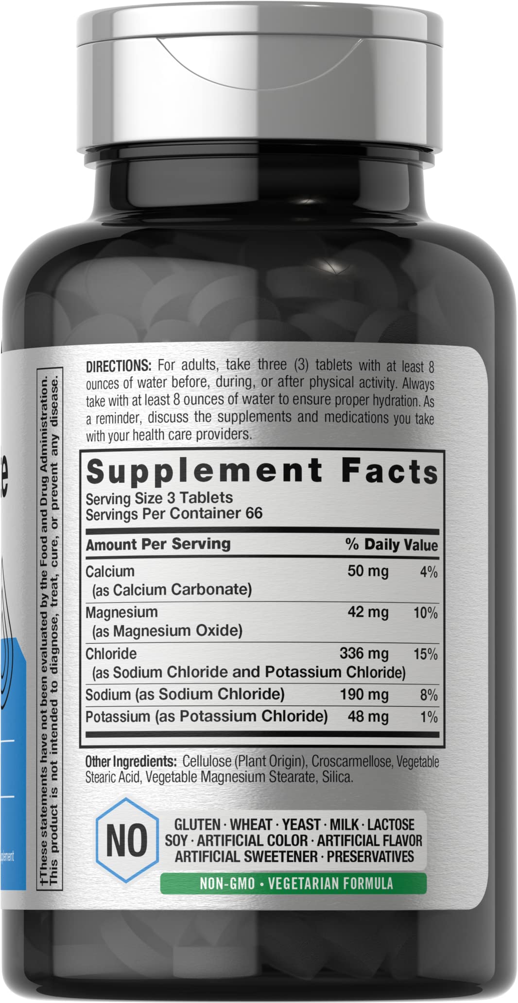 Horbäach Electrolyte Tablets label close-up showing gluten-free and non-GMO features
