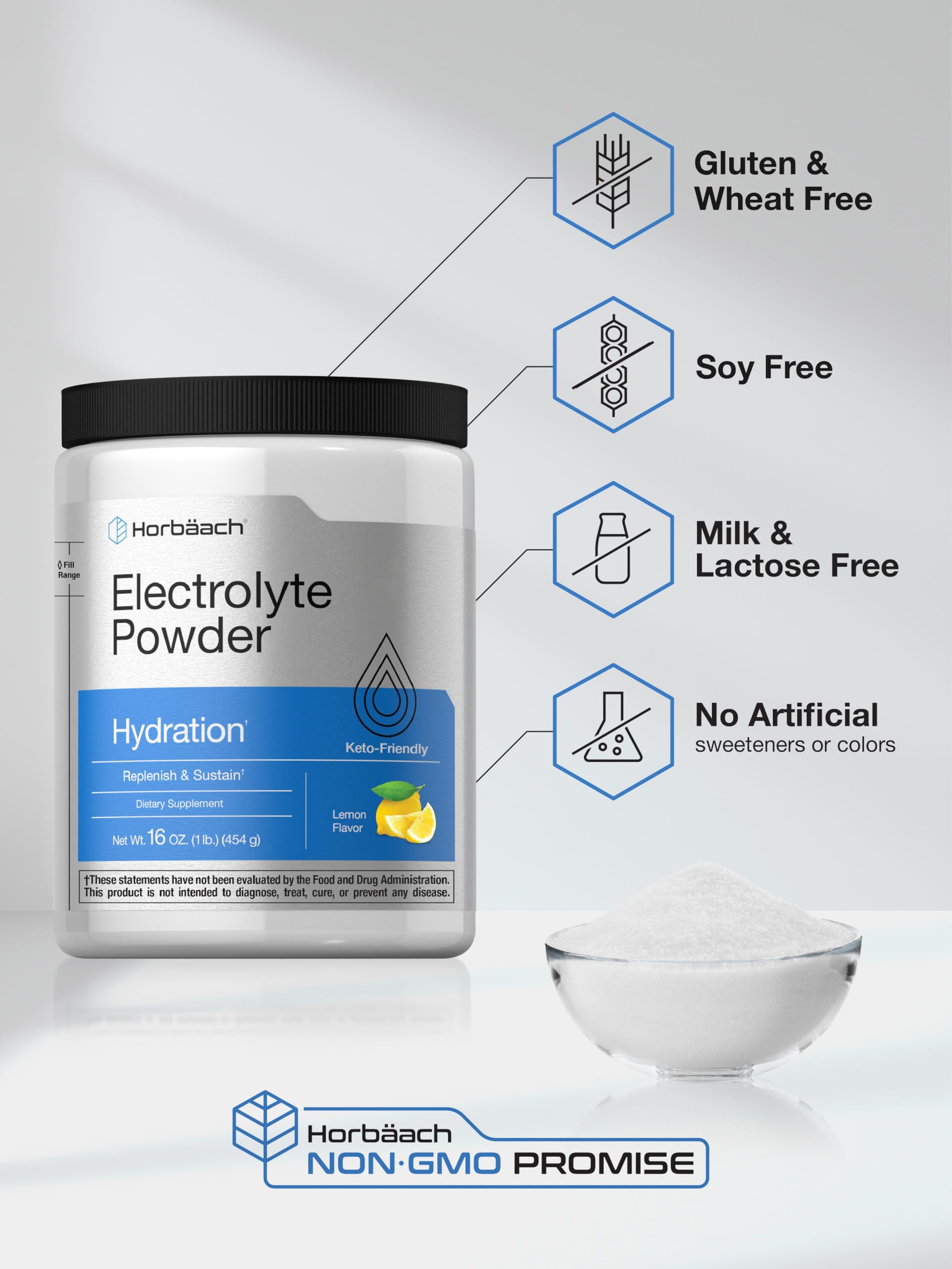 Horbäach Electrolytes powder bottle side label highlights gluten-free.