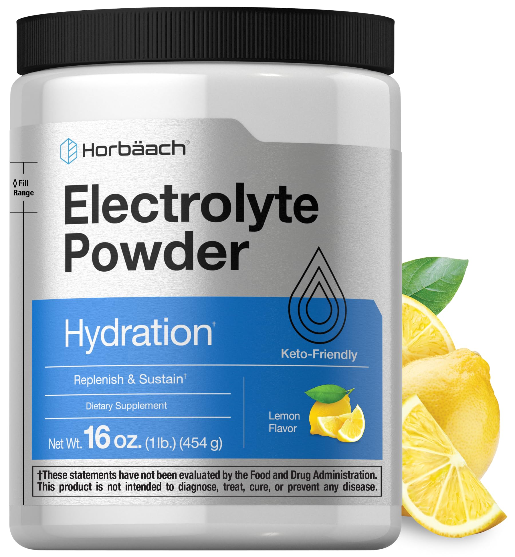 Horbäach Electrolytes Lemon bottle for on-the-go hydration and gluten-free goodness.