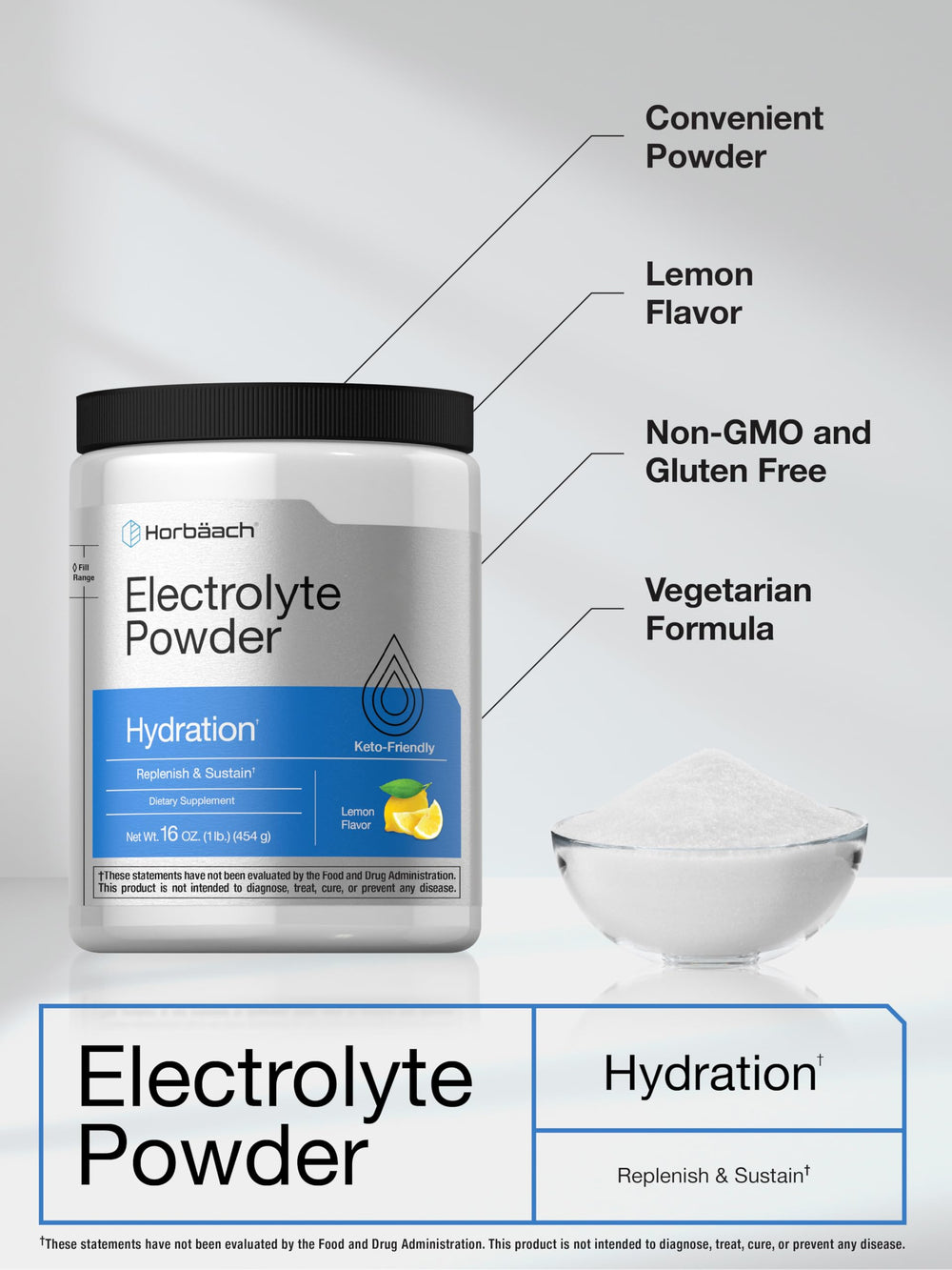 Horbäach Electrolytes powder with scoop included for easy dosing.