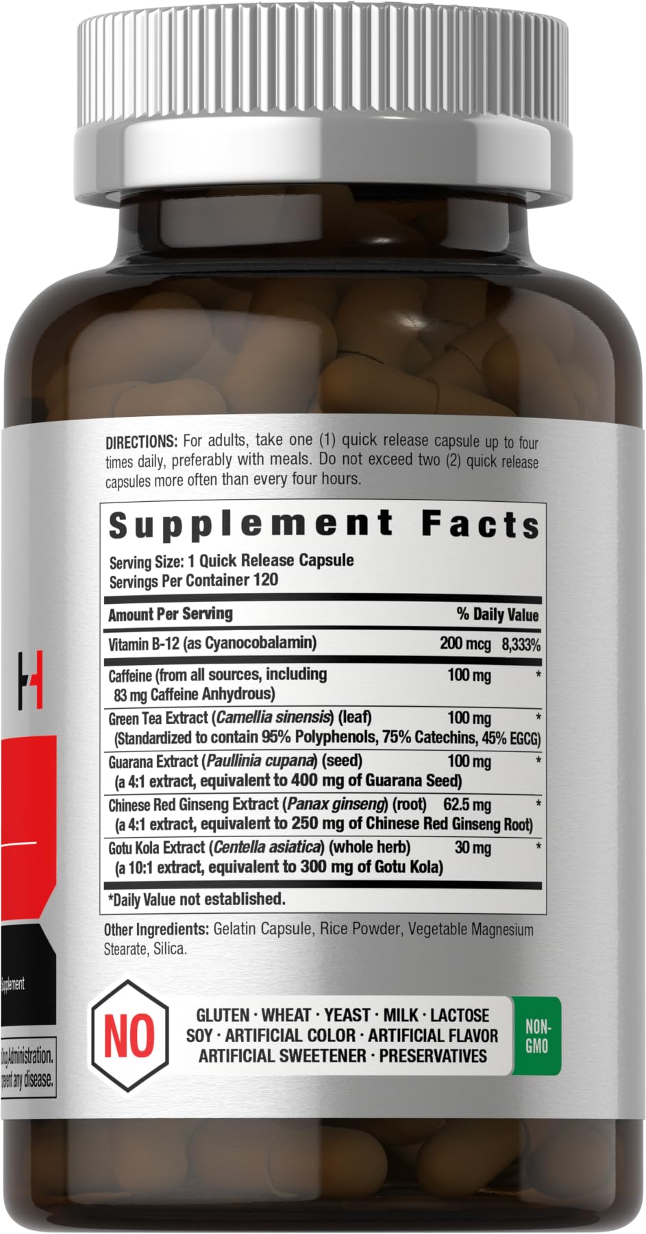 Horbäach Energy Supplement capsules close-up, quick-release formula for sustained alertness.