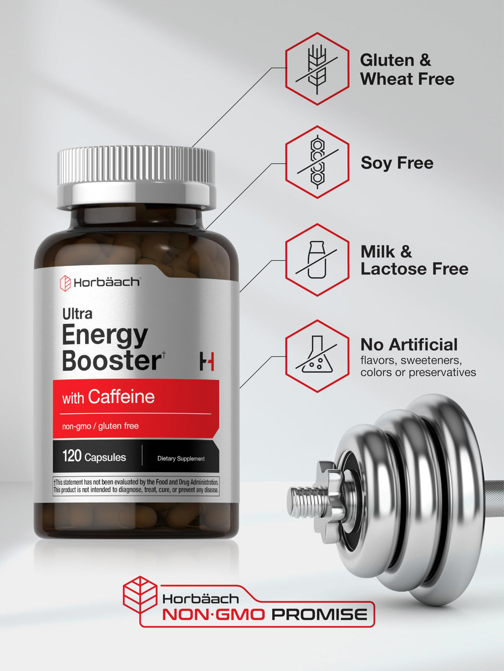 Horbäach Energy Supplement ingredients icons show caffeine, guarana, and ginseng.