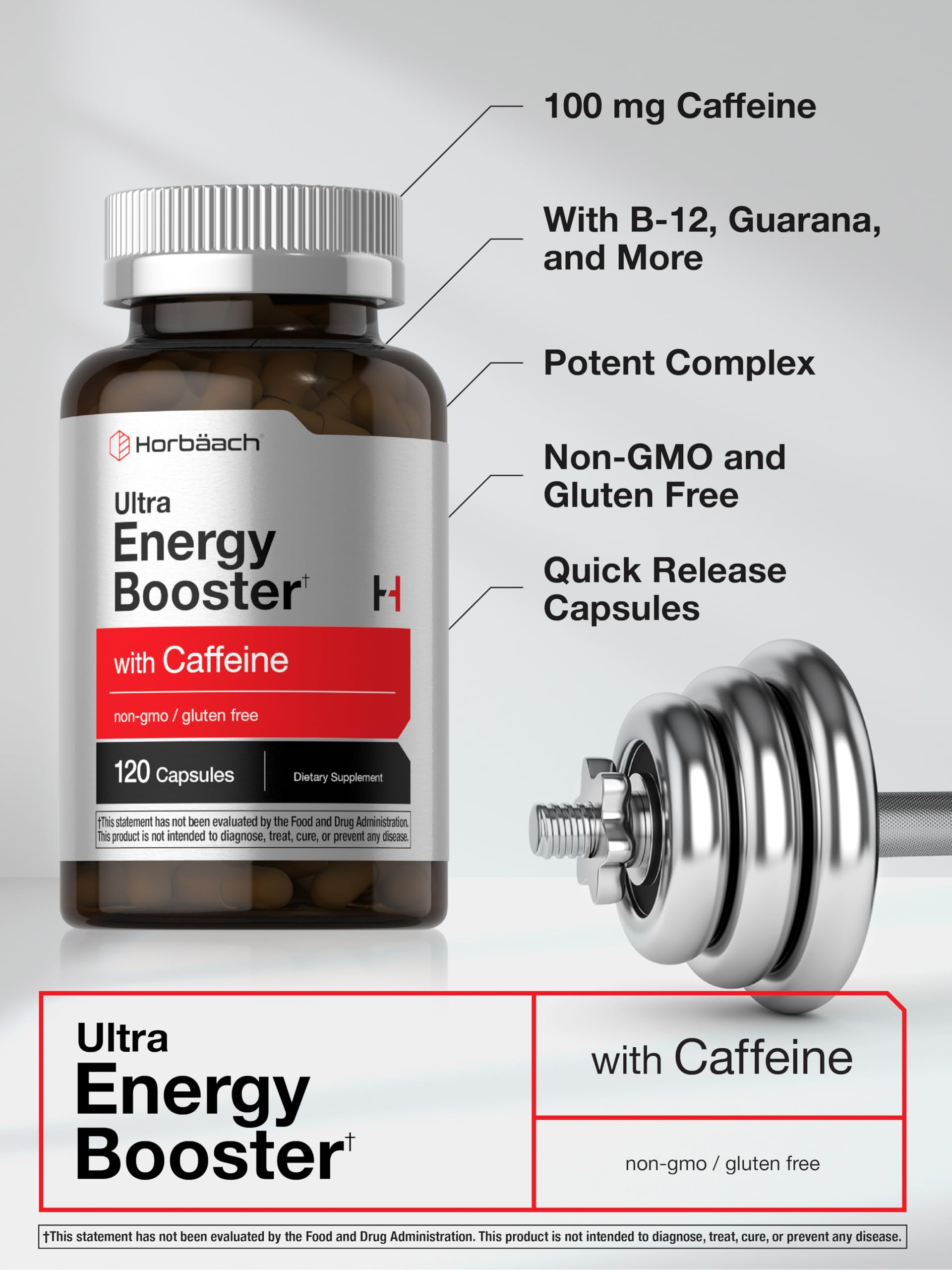 Horbäach Energy Supplement label close-up highlighting caffeine and B12.