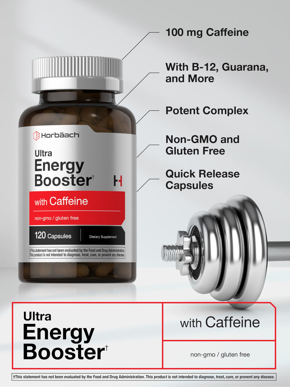 Horbäach Energy Supplement label close-up highlighting caffeine and B12.