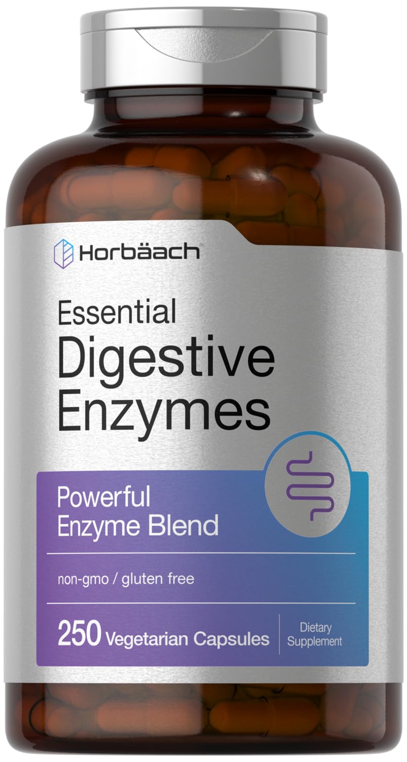 Horbaach Essential Digestive Enzymes bottle front showing comprehensive enzyme blend for daily digestion support