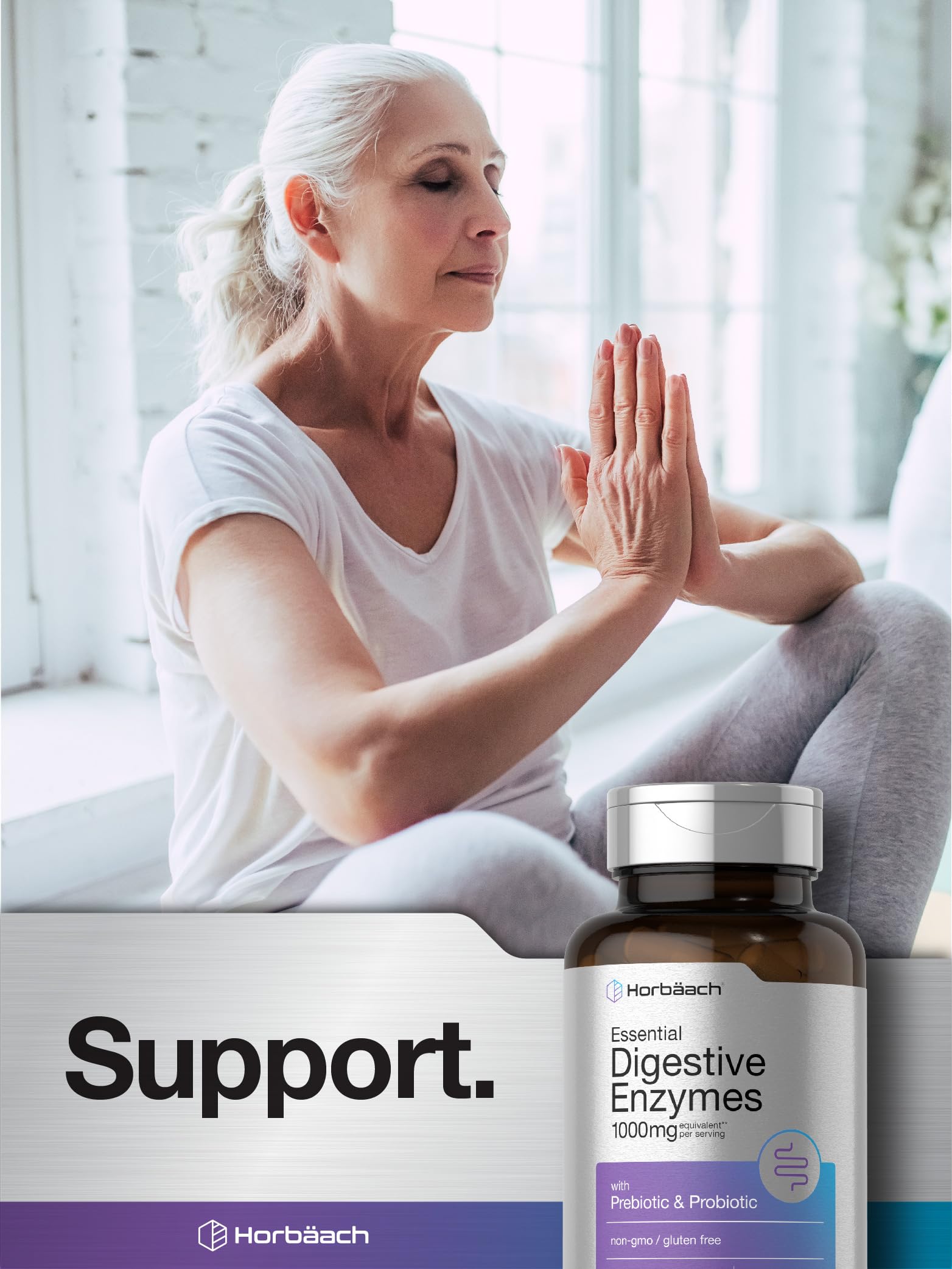Horbäach Essential Digestive Enzymes packaging box with non-GMO claim