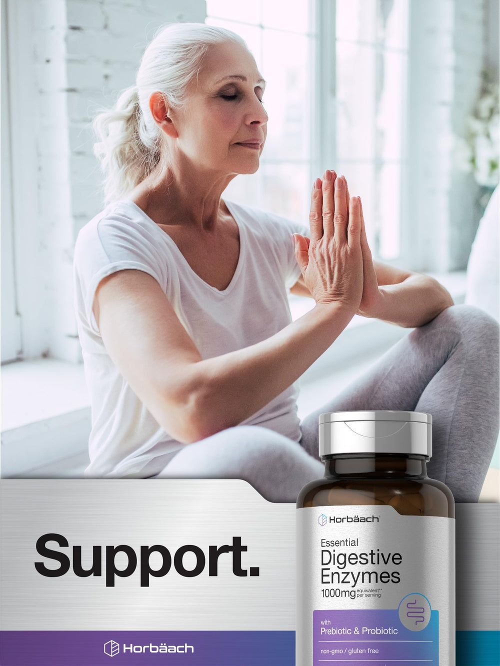 Horbäach Essential Digestive Enzymes packaging box with non-GMO claim