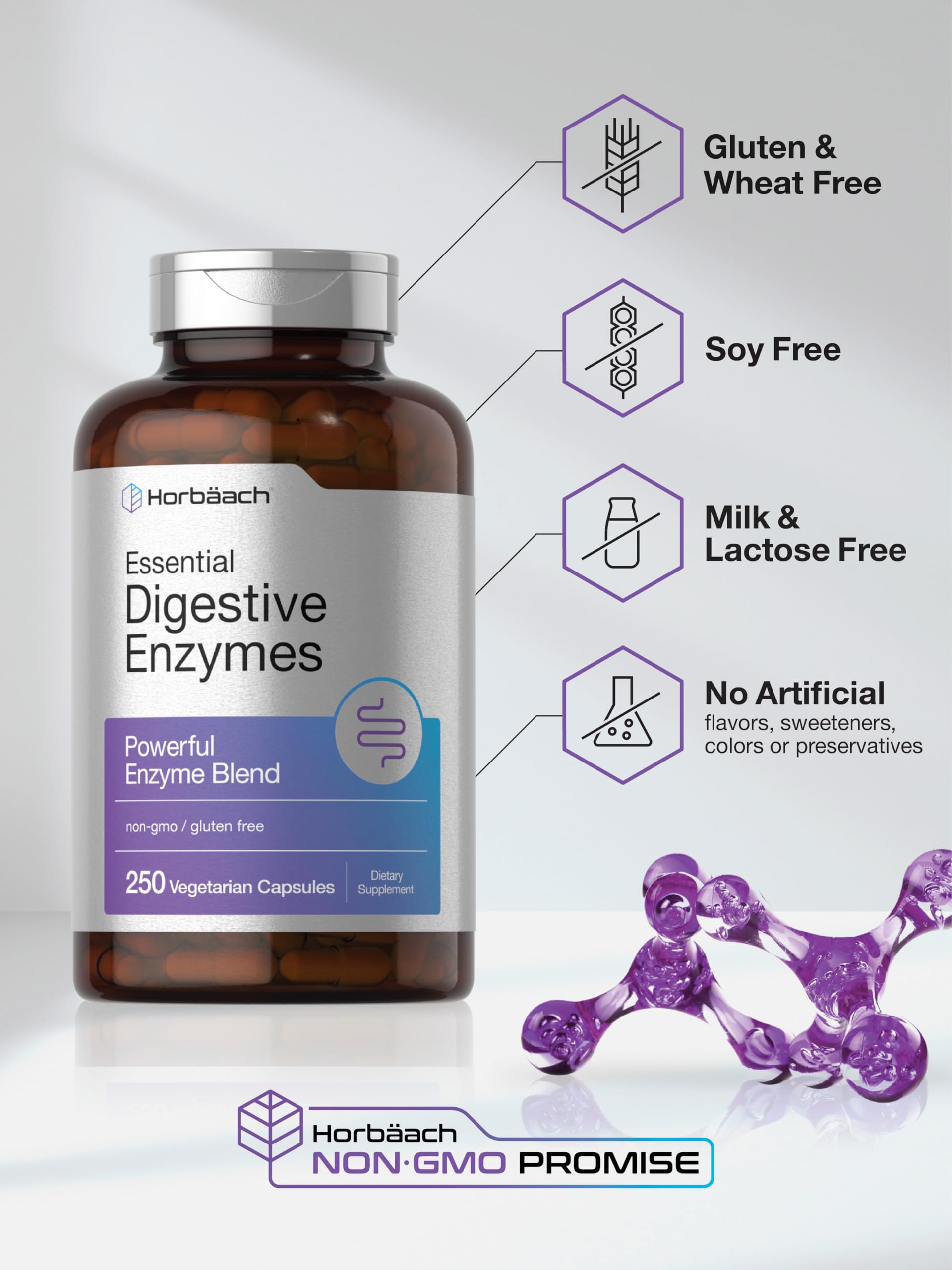 Horbaach Plant enzyme blend label emphasizes protease, bromelain, papain for digestion