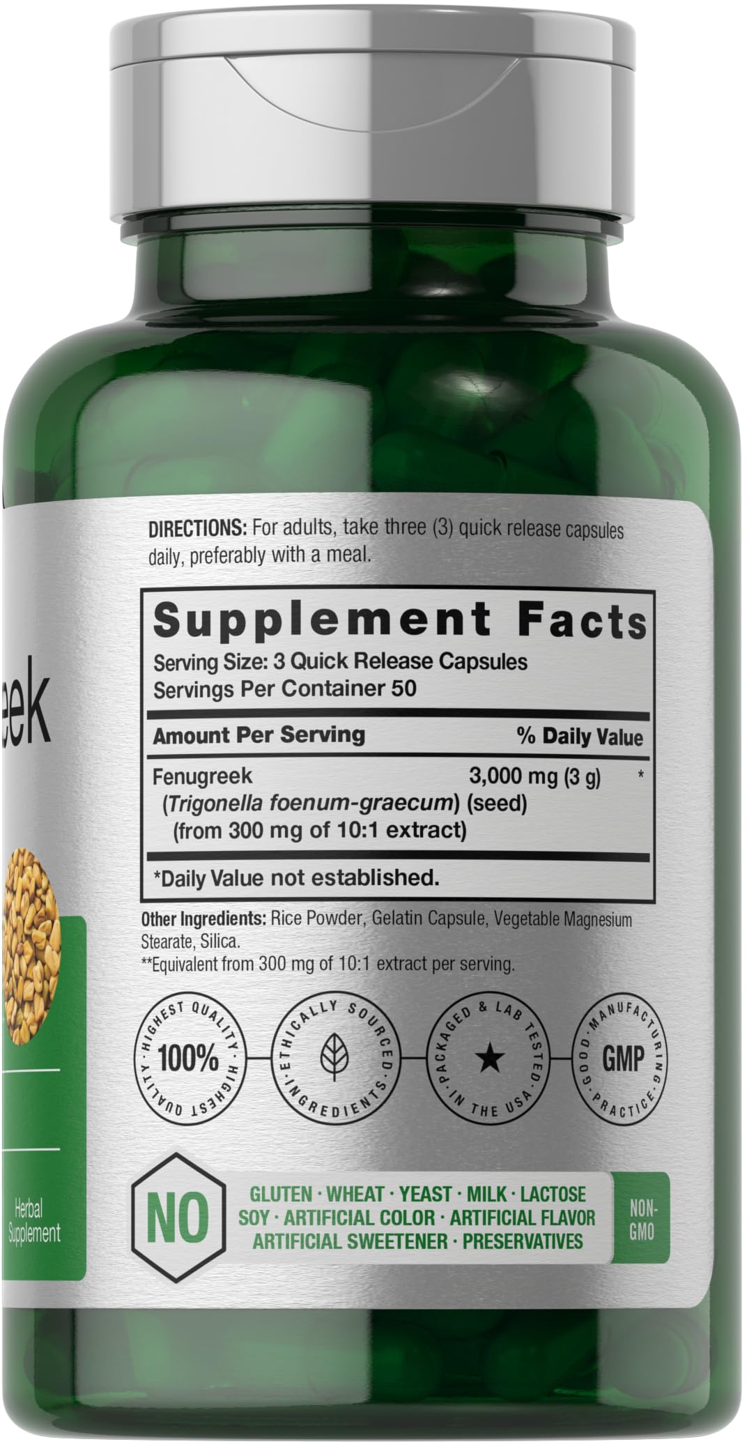 Horbäach Fenugreek capsules bottle label close-up, non-GMO ingredients highlighted.