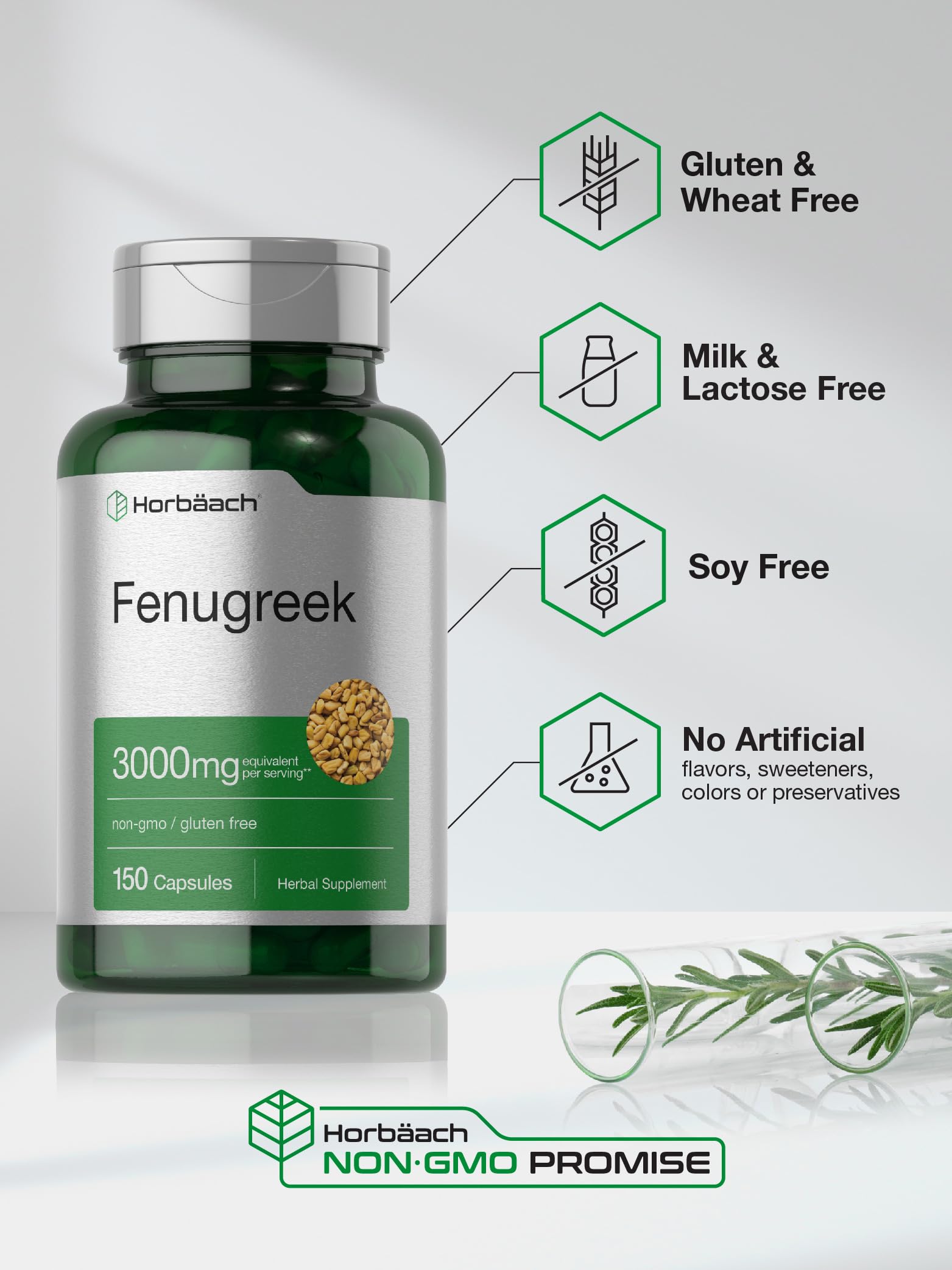 Horbäach Fenugreek capsules bottle top, easy-to-pour quick-release design.