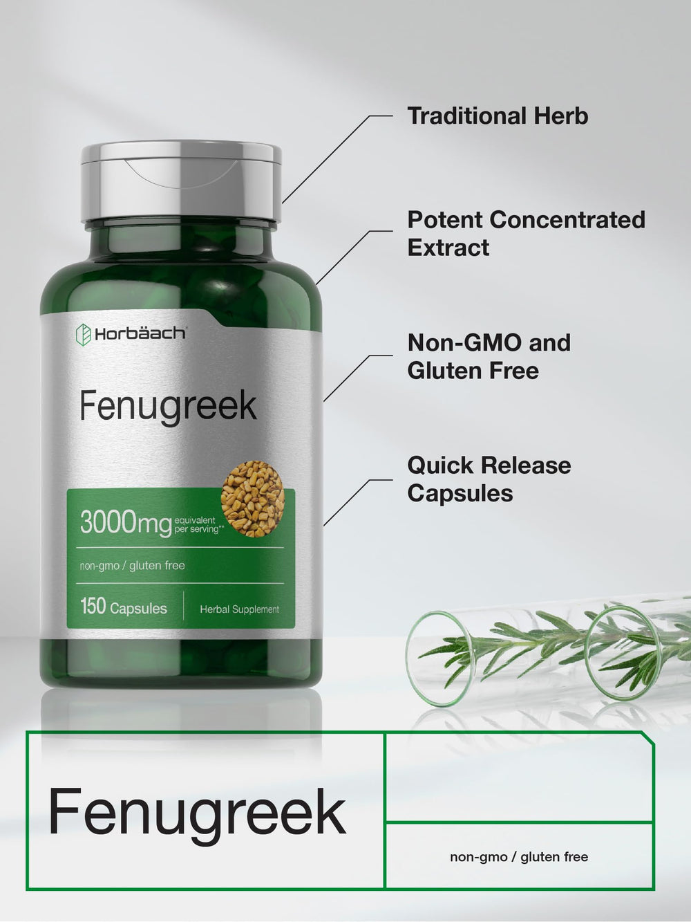 Horbäach Fenugreek capsules packaging box, premium herbal supplement presentation.