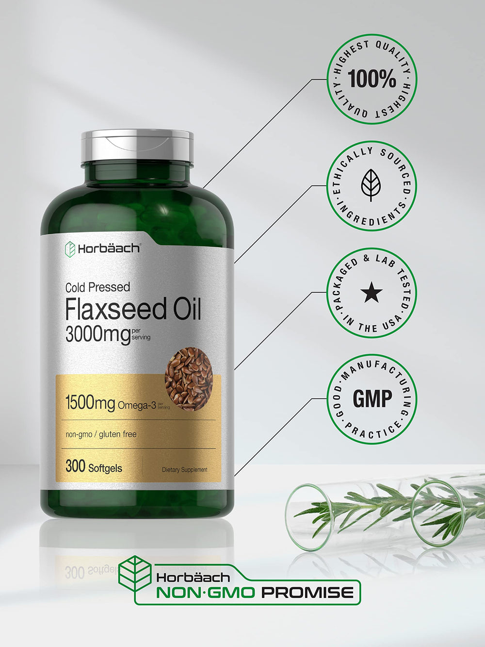 Horbäach flaxseed oil supplement on the counter suggests daily omega-3-6-9 support