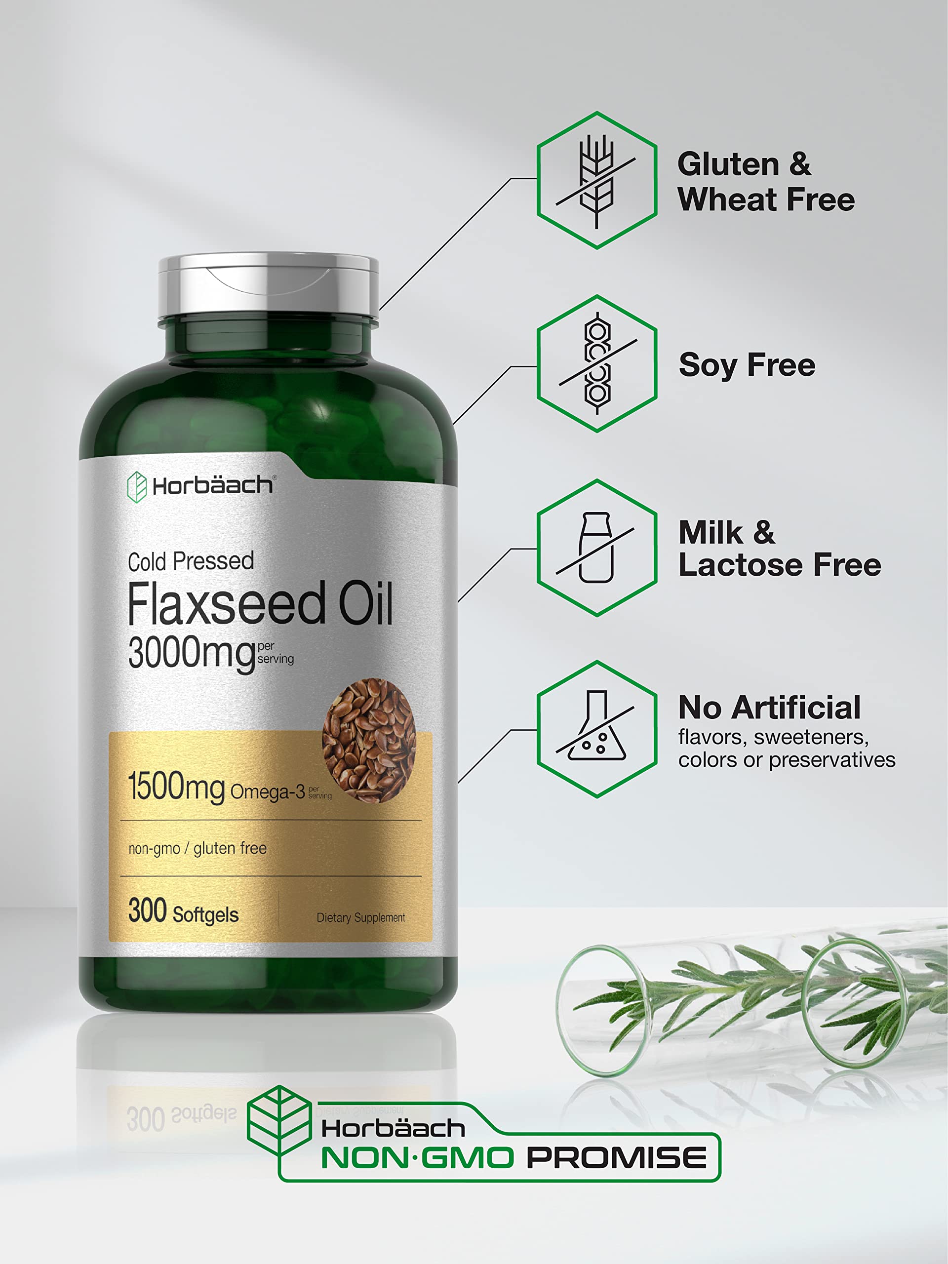 Horbäach flaxseed oil packaging displays 300 count bottle for extended supply