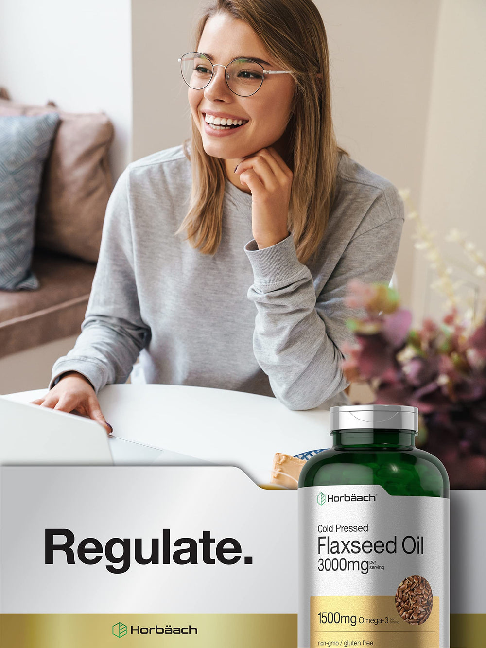 Horbäach flaxseed oil pour image conveys easy dispensing and quick intake