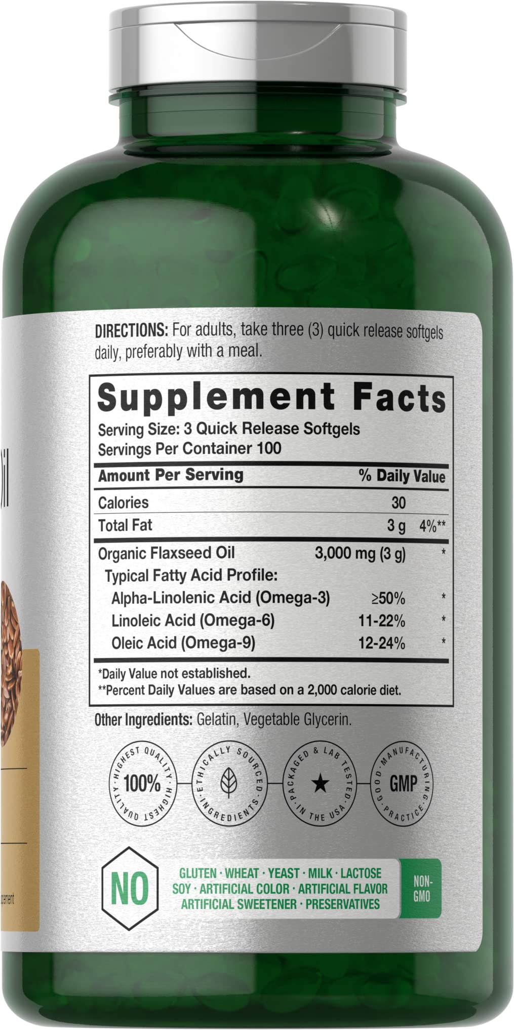 Horbäach flaxseed oil softgel closeup highlights easy swallow and quality oil