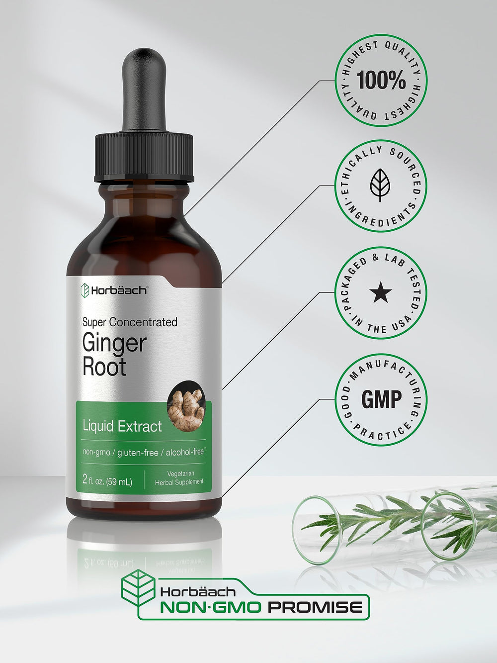 Horbäach Ginger Root Liquid gluten-free symbol indicating safe dietary option.