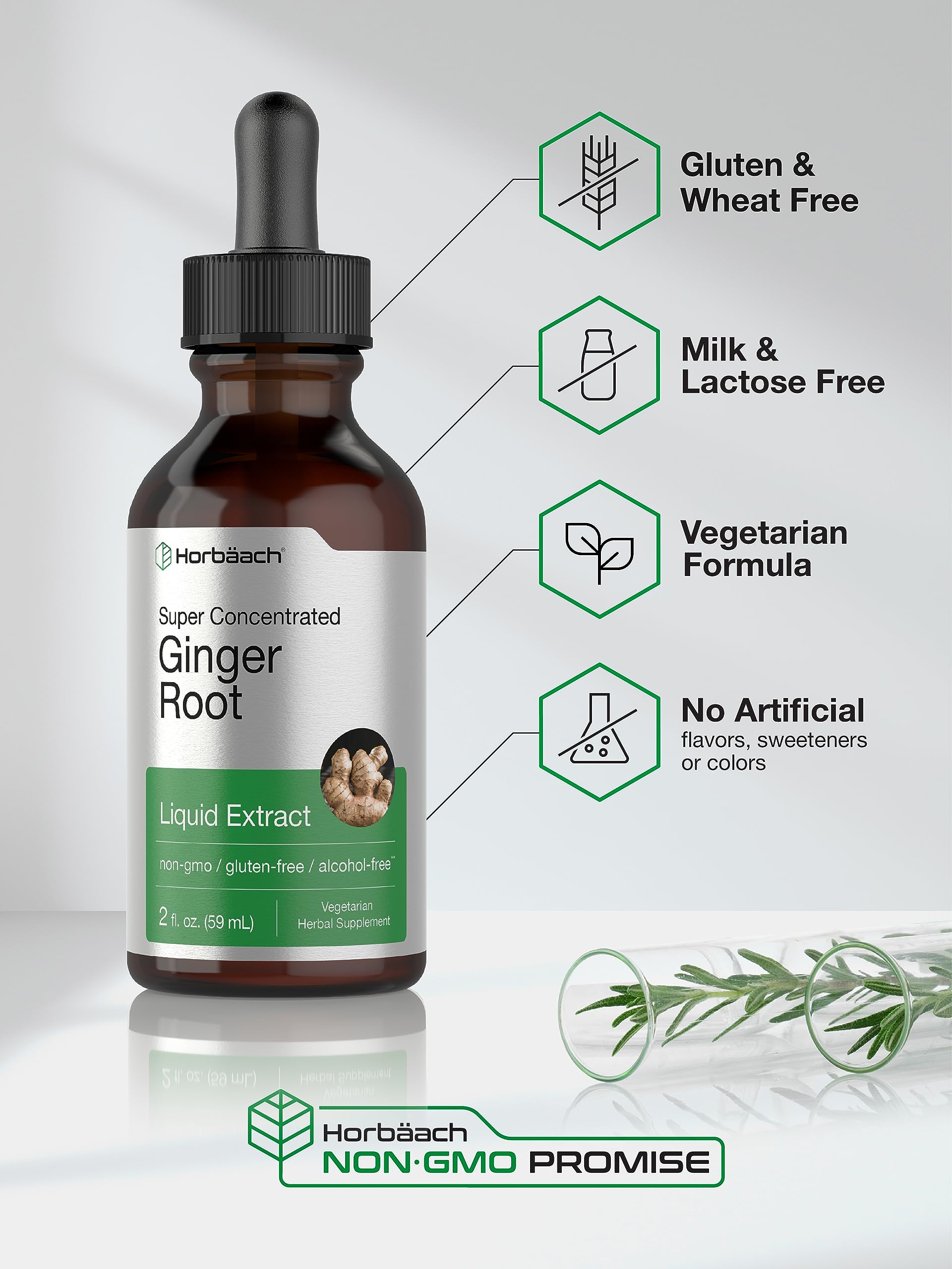 Horbäach Ginger Root Liquid label emphasizing gluten-free and non-GMO ingredients.