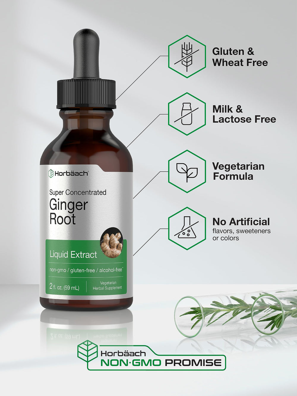Horbäach Ginger Root Liquid label emphasizing gluten-free and non-GMO ingredients.
