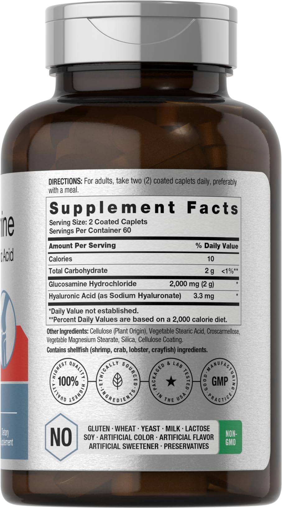 Horbäach Glucosamine HCL bottle label shows Hyaluronic Acid and purity