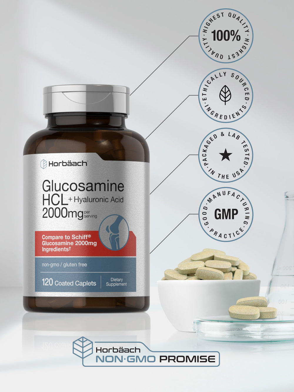 Horbäach Glucosamine HCL gluten-free non GMO label reassures clean ingredient choices