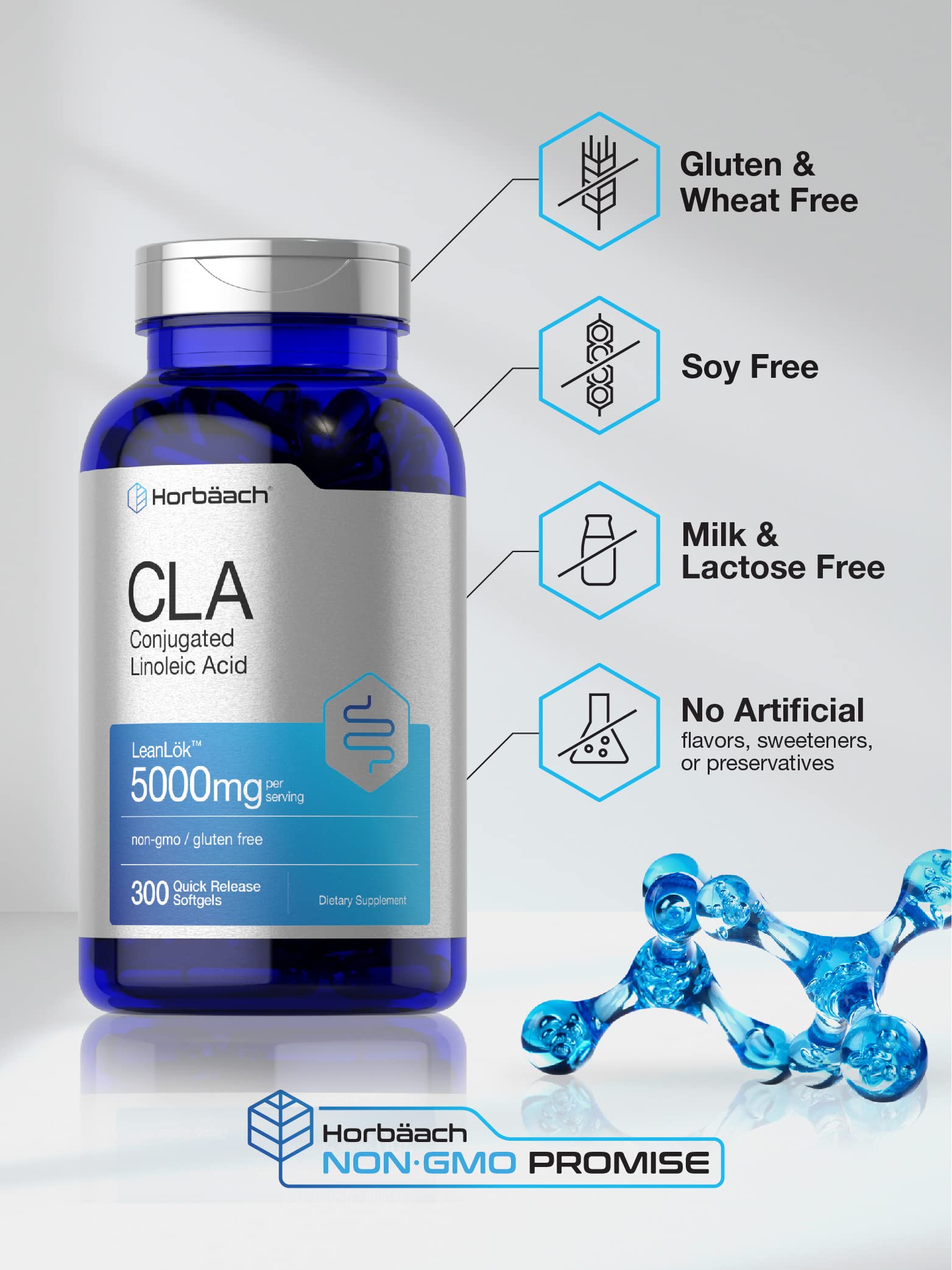 Horbäach gluten-free non-GMO CLA softgels on bottle