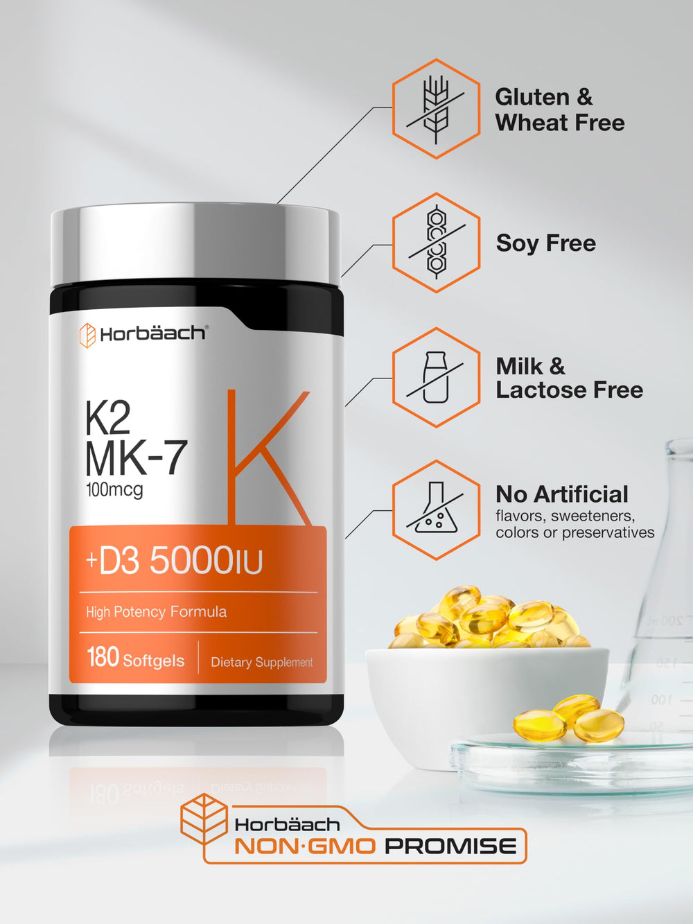 Horbäach gluten-free non-GMO packaging communicates safe, allergen-conscious supplement.