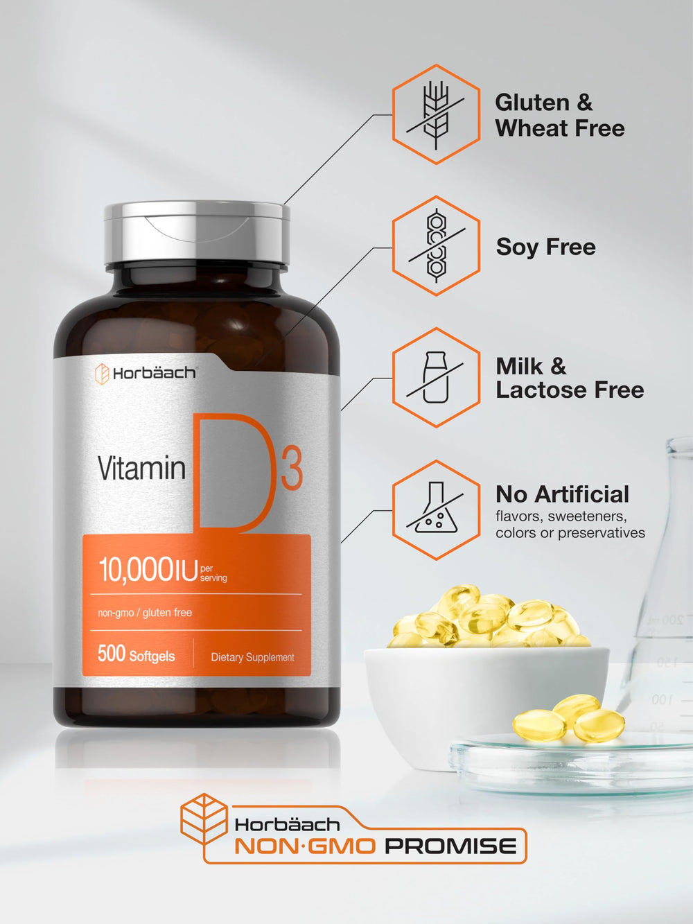 Gluten-free, non-GMO Horbaach D3 packaging emphasized for dietary needs.