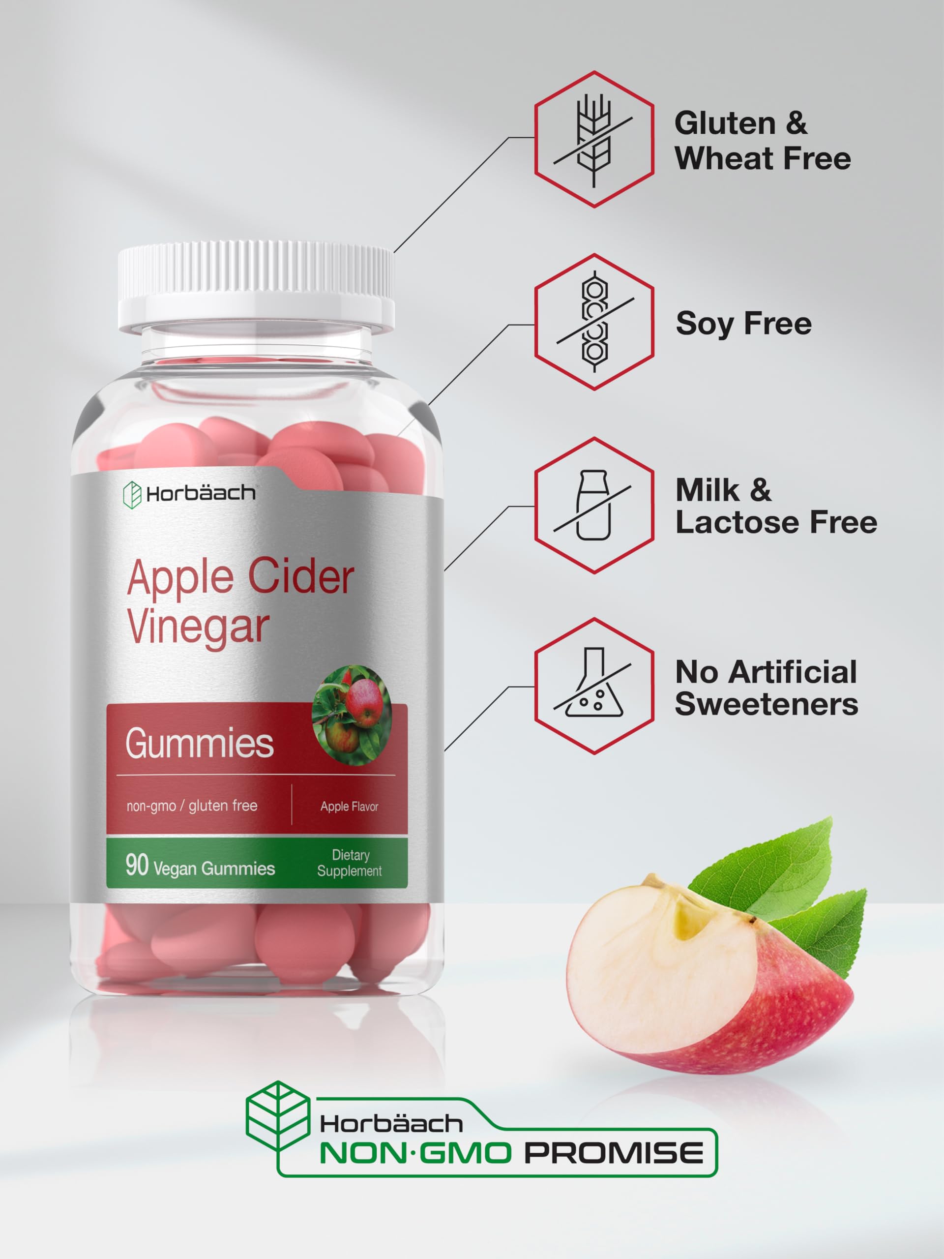 Horbäach gummies packaging highlighting gluten-free and non-GMO ingredients.